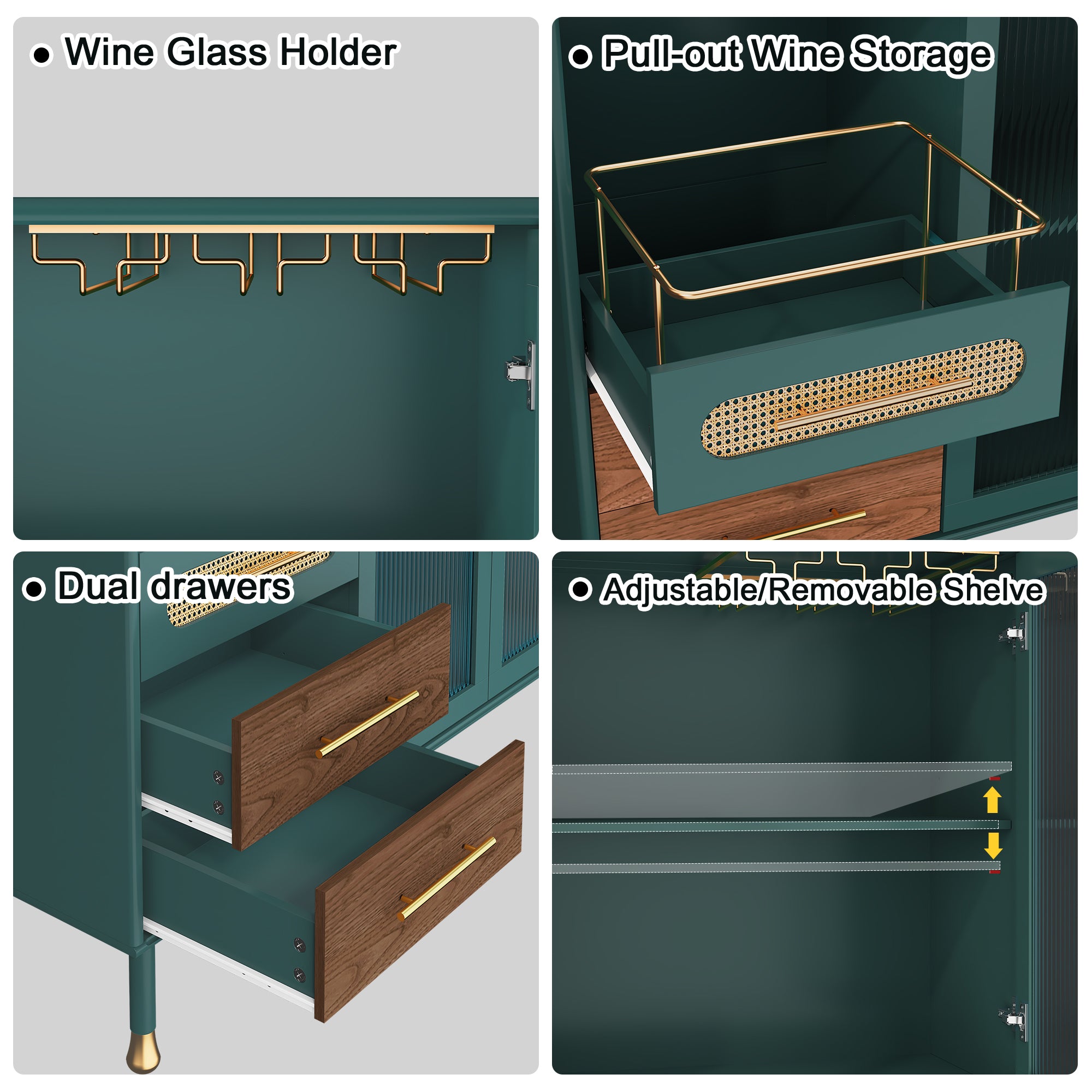 CBJCBJ 47” Coffee Bar Cabinet with Glass Rack, Modern Wine Bar Cabinet with Storage, for Dining Room, Green