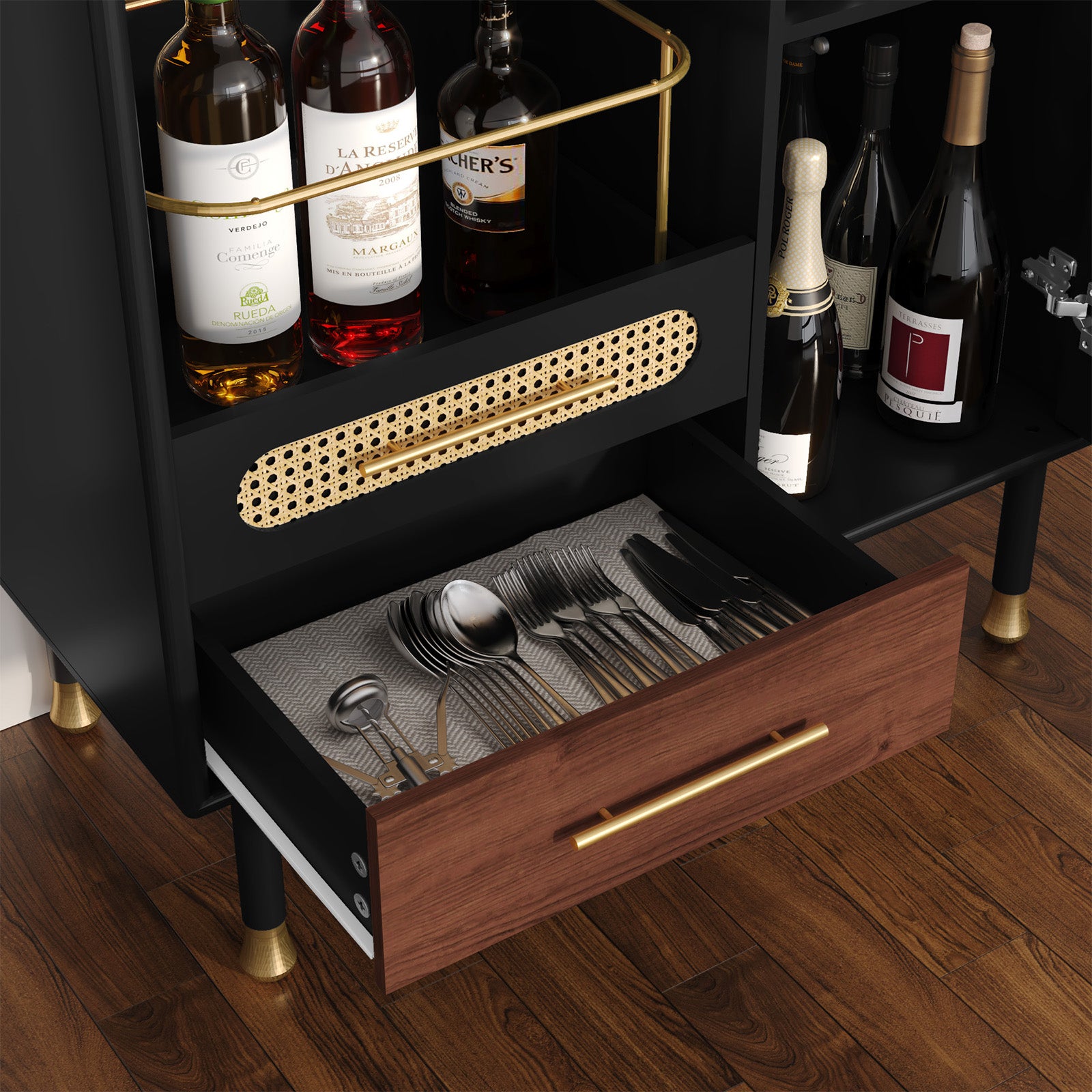 CBJCBJ Modern Coffee Bar Cabinet with Storage, Wine Cabinet with Glass Racks, Sideboard for Living Room,Black