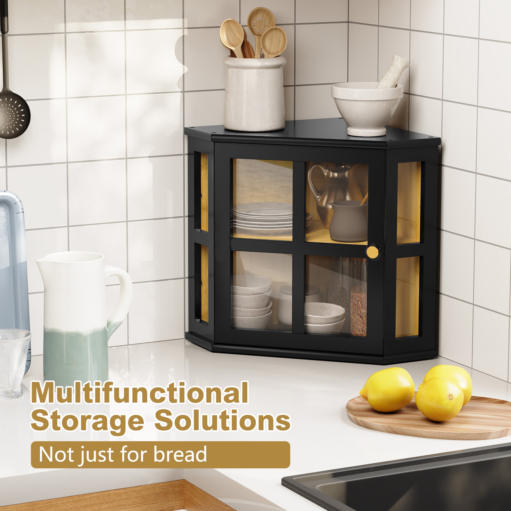 CBJCBJ Bamboo Bread Box, 2-Tier Countertop Storage Rack, Modern Retro Pantry Decor,Black