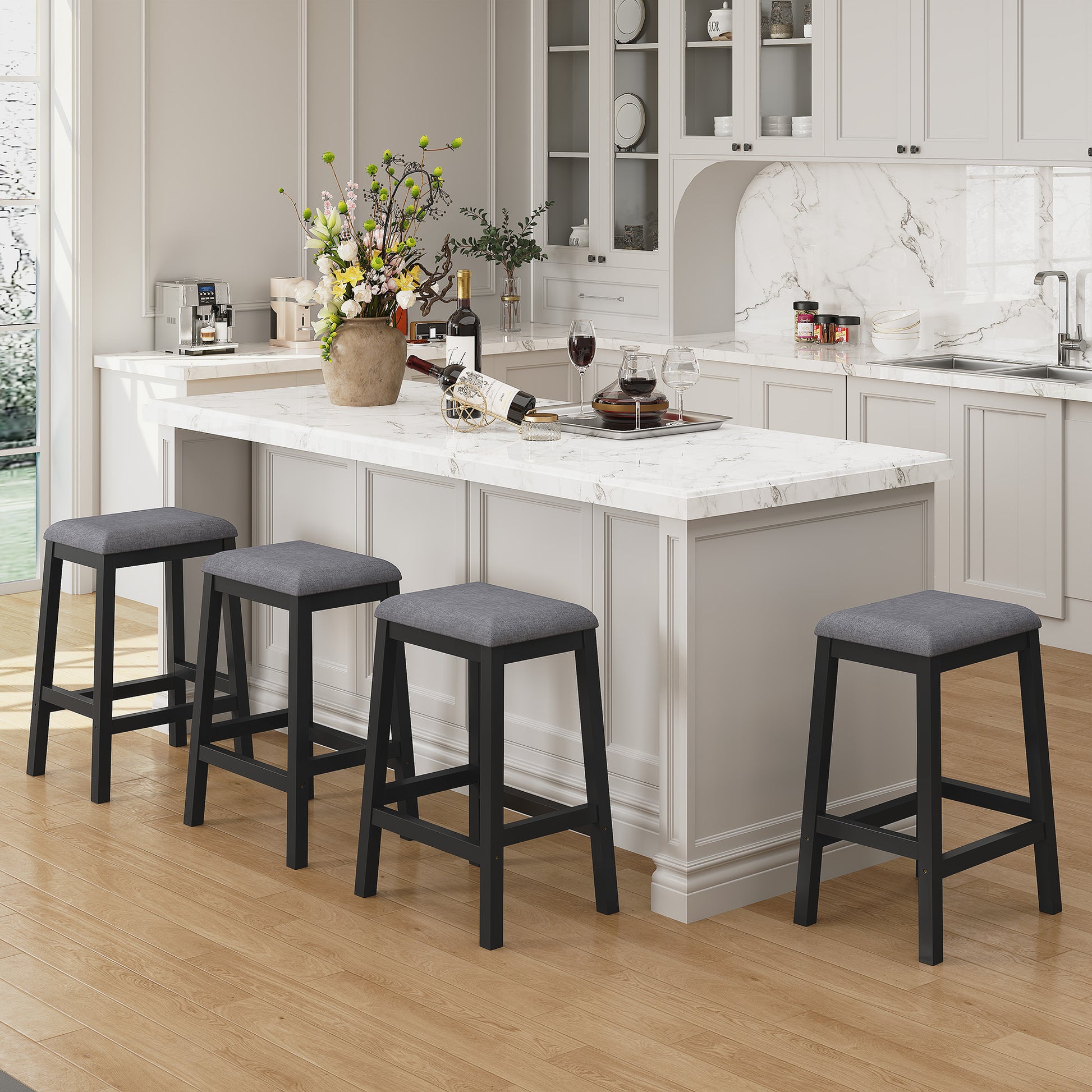 HLR 24.8" Bar Stools, Farmhouse Set of 2 Bar Chairs with Cushion for Kitchen, Dining Room, Cafe Black