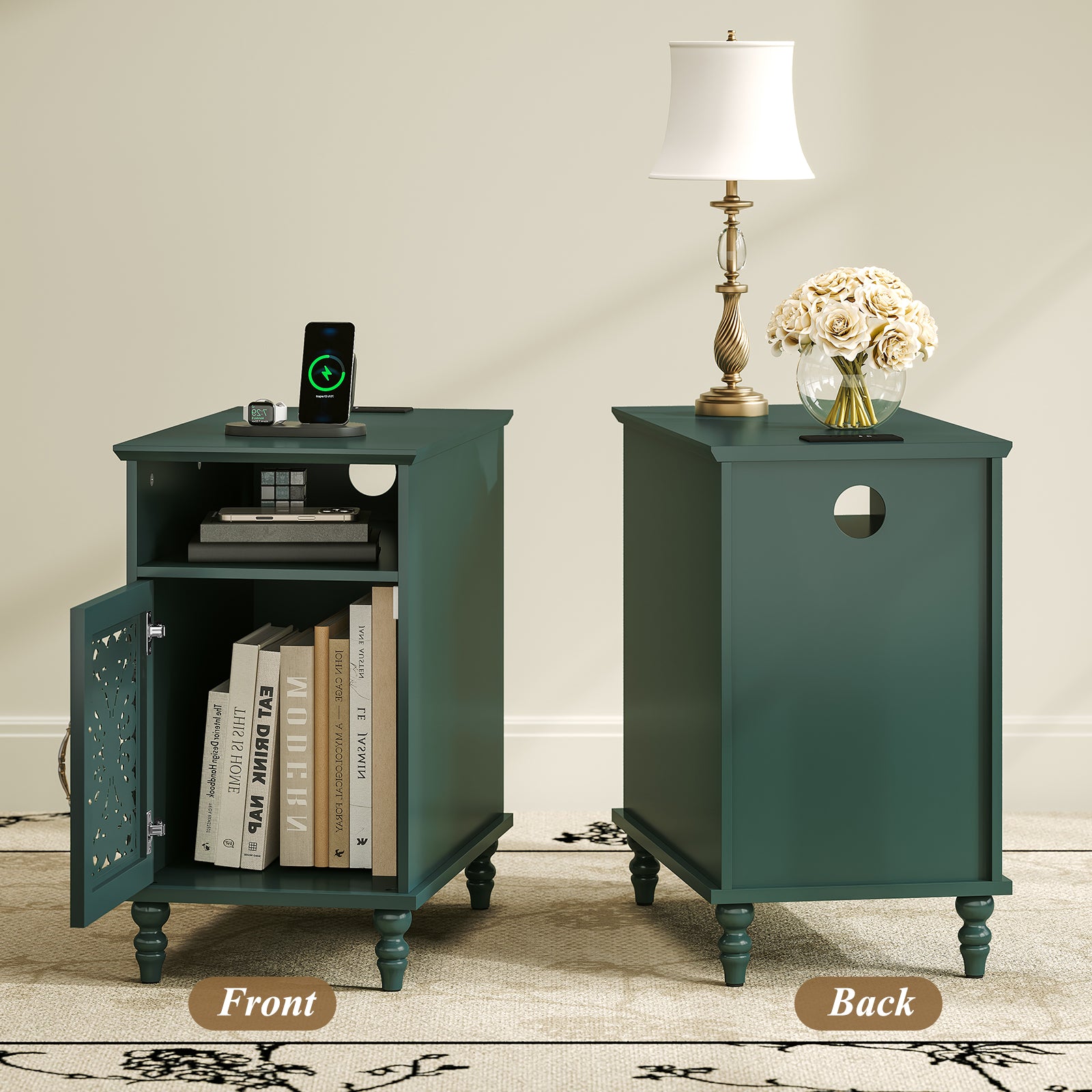 CBJCBJ Retro Carved End Table with Socket, Side Table with Open Compartment and Storage Cabinet, Bedside Table for Bedroom,Green