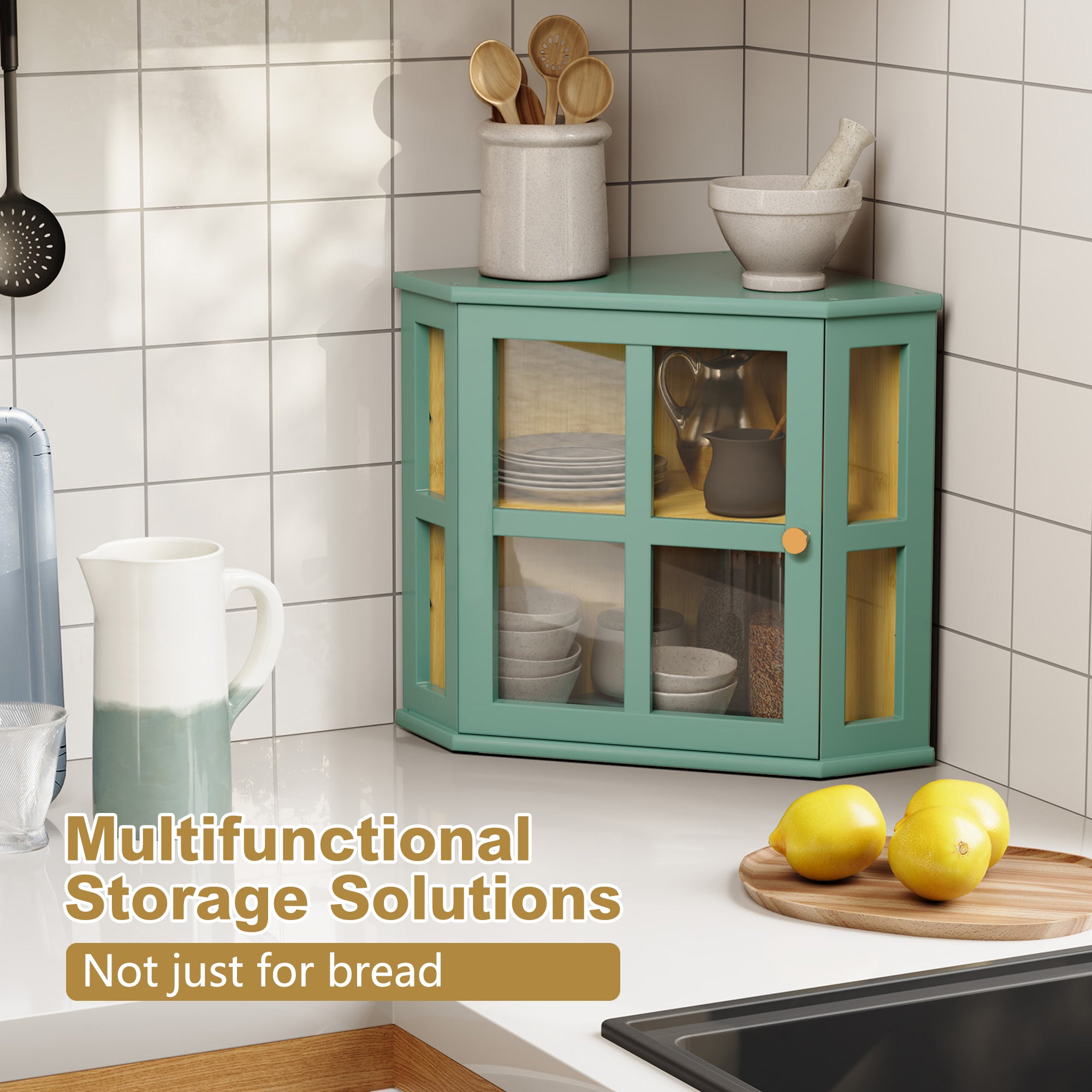 CBJCBJ Bamboo Bread Box, 2-Tier Countertop Storage Rack, Modern Retro Pantry Decor,Green