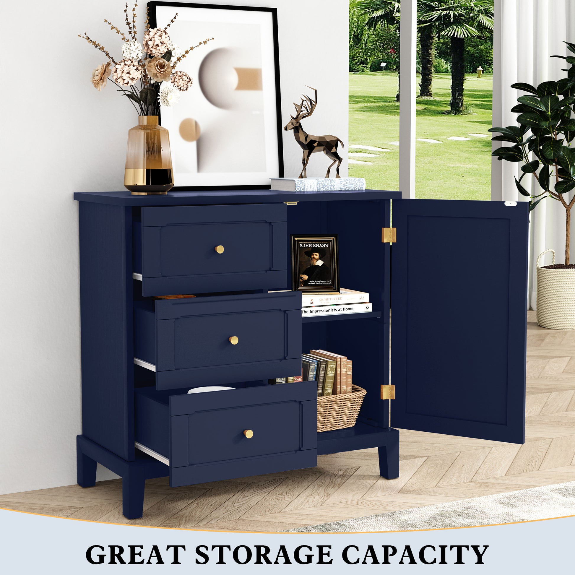 HLR Modern 32" Accent Cabinet 3 Drawers & Door, Wood Sideboard with Storage for Living Room Navy Blue