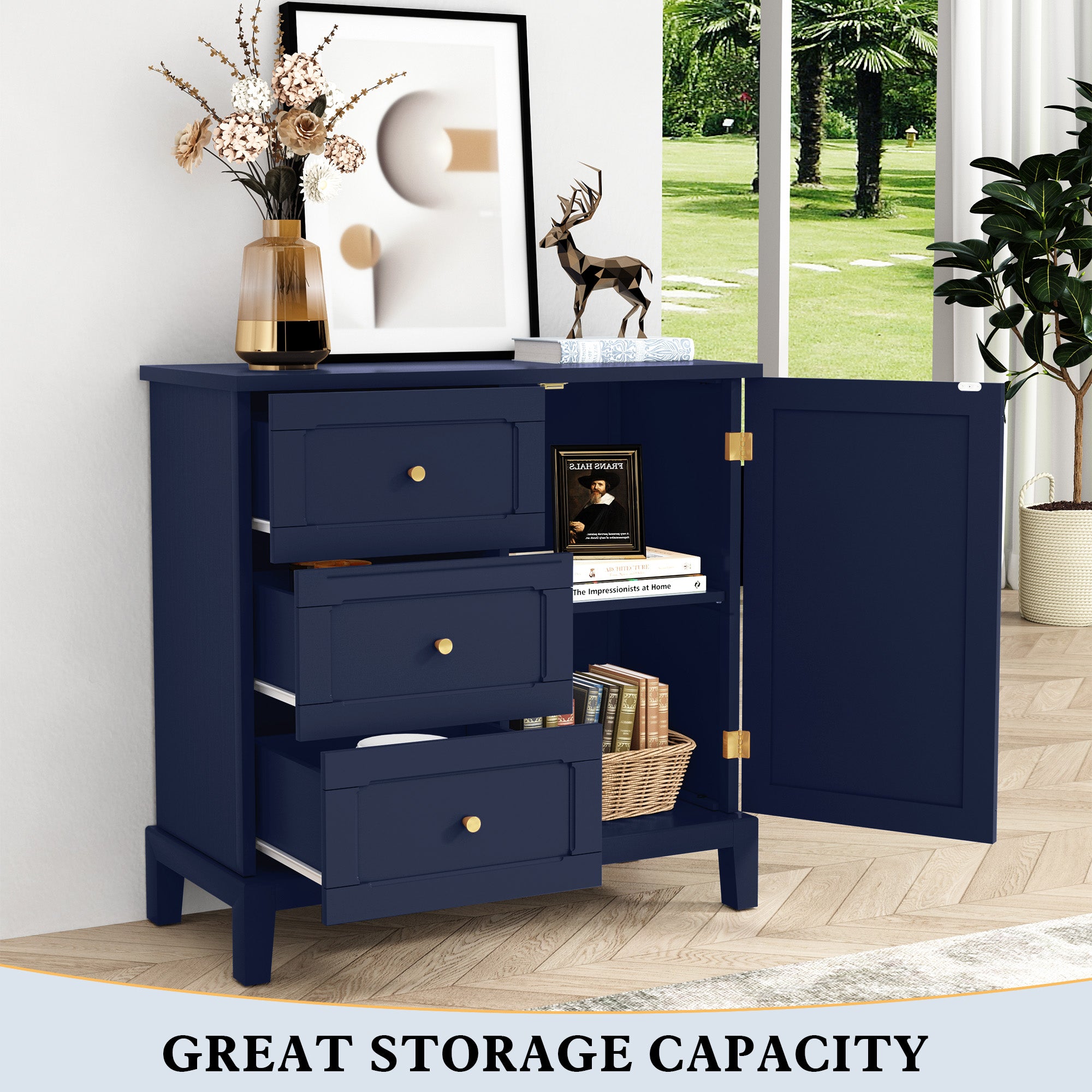 HLR Modern 32" Accent Cabinet 3 Drawers & Door, Wood Sideboard with Storage for Living Room Navy Blue