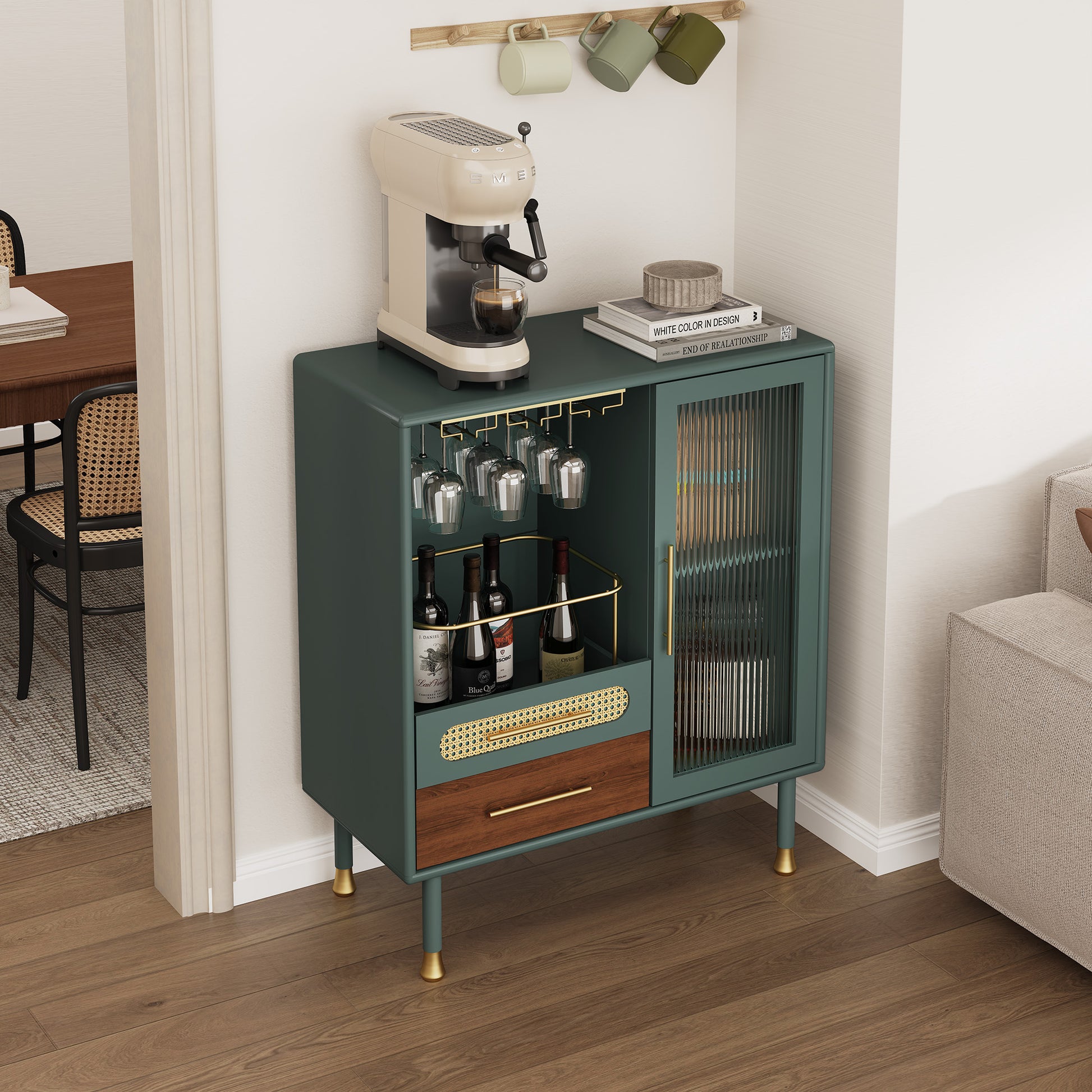 HLR 31.5"W Modern Wine Storage Cabinet with Pull-Out Rack & Tempered Glass Doors – Compact Coffee Bar for Kitchen, Dining Room, Apartment,Green