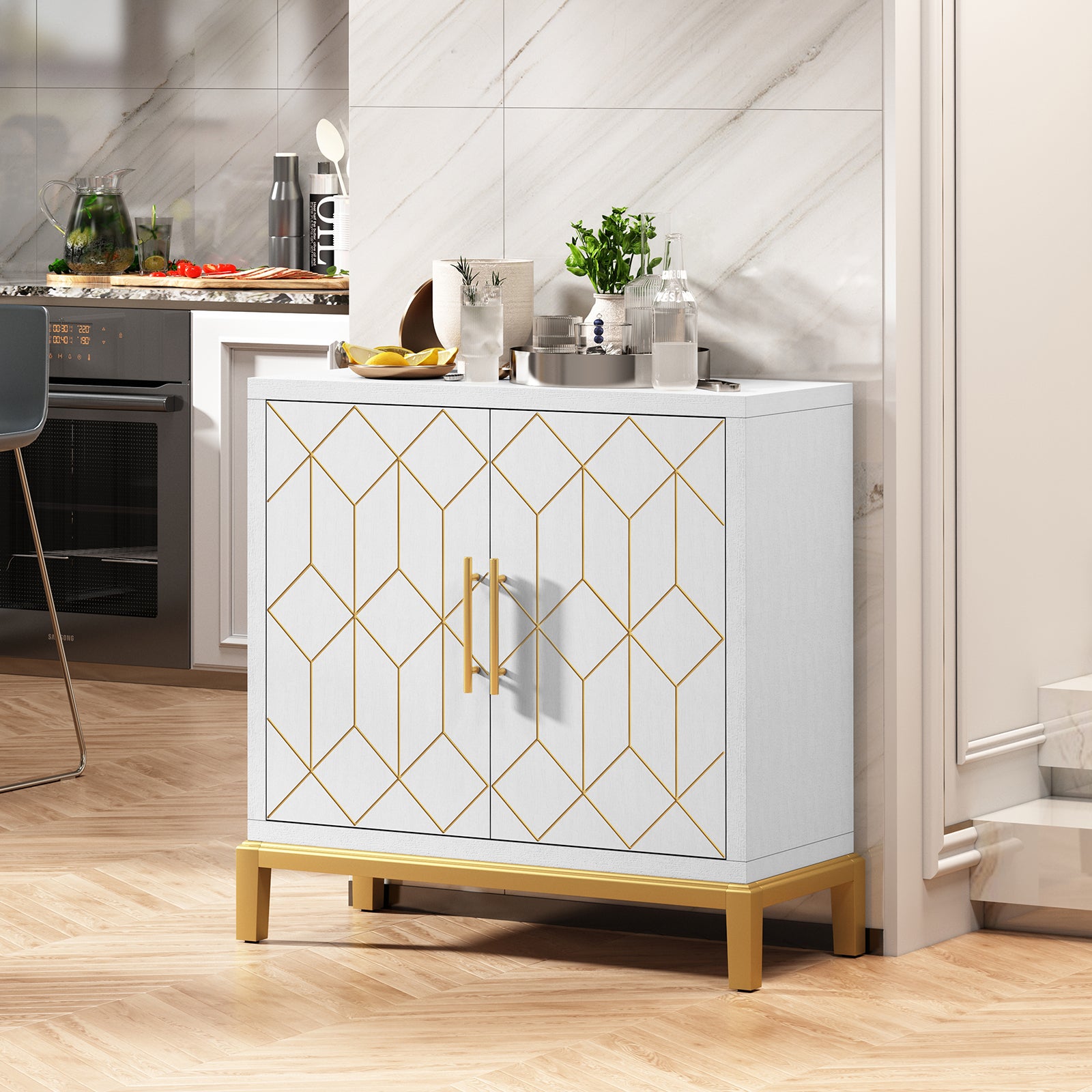 HLR 30.7" White Accent Cabinet with 2 Doors, Entryway Cabinet with Gold Trim, Modern Buffet Sideboards