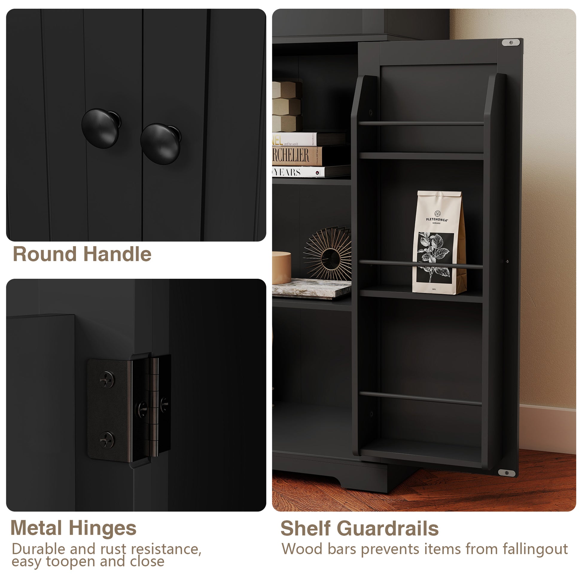 HLR 72" Kitchen Pantry Cabinet, Freestanding Pantry Storage Cabinet with Hutch & Shelves, Black
