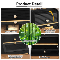 HLR Natural Bamboo Bread Box Kitchen Countertop with Cutting Board and Roll Top, Black 2-Tier Large Wood Bread Bin