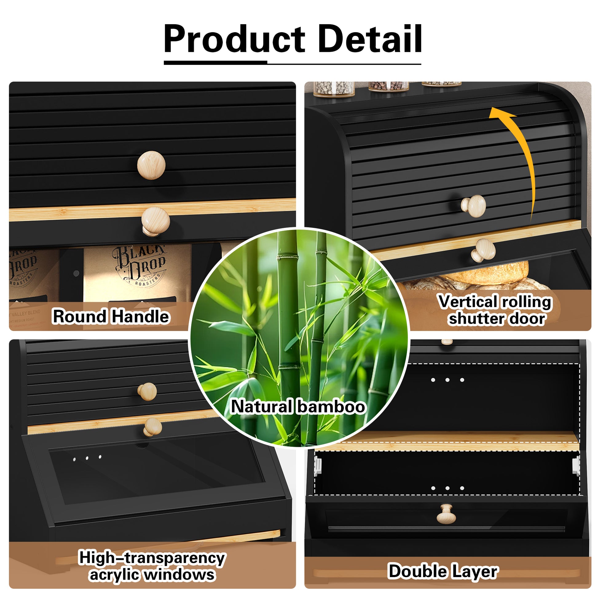 HLR Natural Bamboo Bread Box Kitchen Countertop with Cutting Board and Roll Top, Black 2-Tier Large Wood Bread Bin