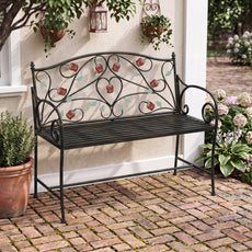 HLR Farmhouse Outdoor Bench with Rose Pattern, 41.7'' Metal Frame Patio Garden Chair Cast Iron, Black