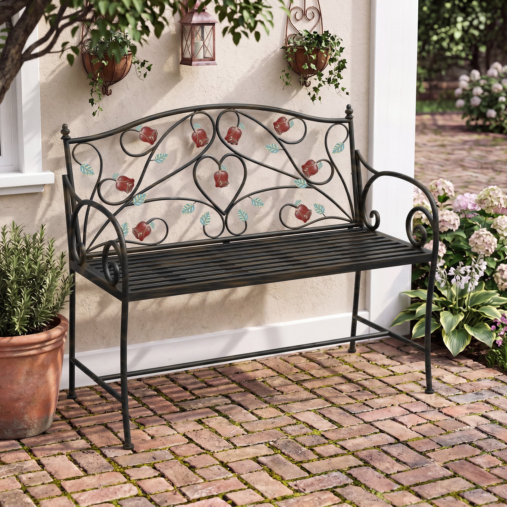 HLR Farmhouse Outdoor Bench with Rose Pattern, 41.7'' Metal Frame Patio Garden Chair Cast Iron, Black