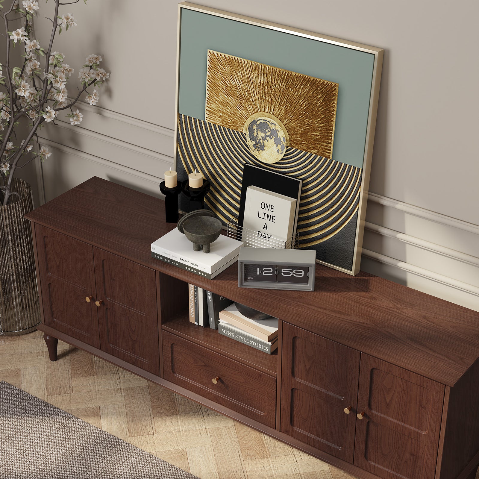 CBJCBJ 67"Mid-Century Modern TV Stand for TVs up to 75" ,Media Console With Storage and Adjustable Partition , Brown