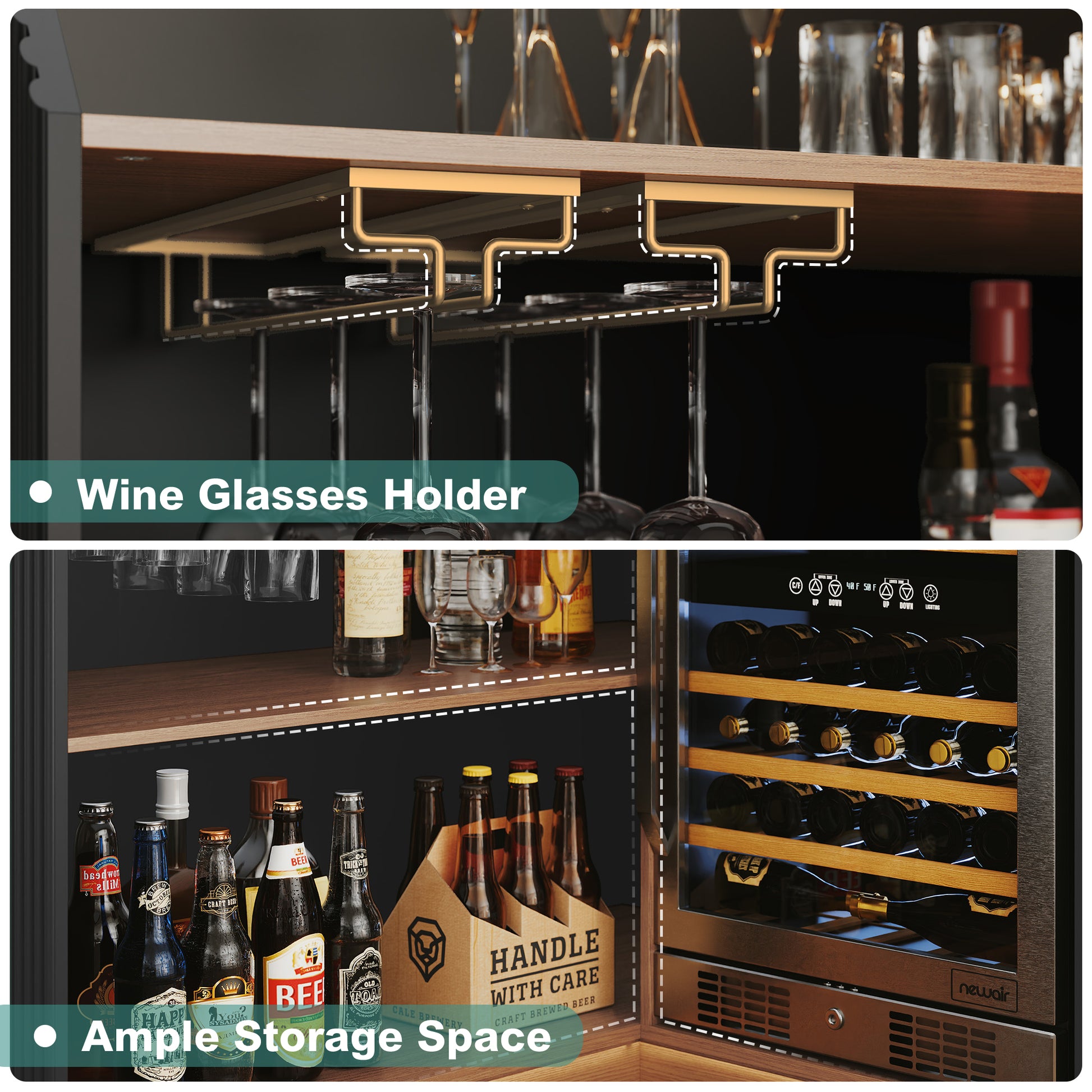 HLR L-Shaped Home Bar Cabinet with Fridge Space, 4-Tier Corner Bar Unit Wine Cabinet with Storage