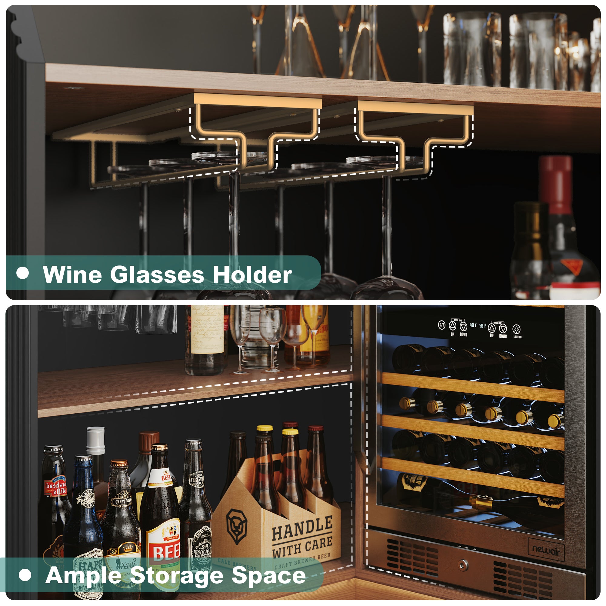 HLR L-Shaped Home Bar Cabinet with Fridge Space, 4-Tier Corner Bar Unit Wine Cabinet with Storage