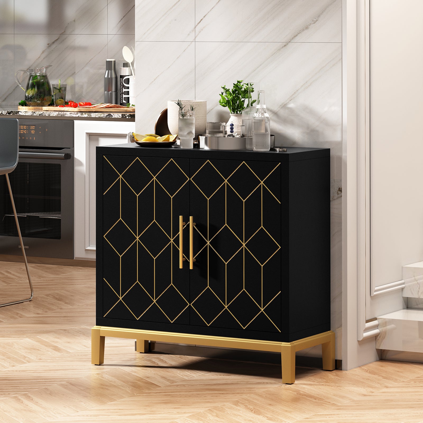 HLR 30.7"W Black Accent Cabinet with 2 Doors, Entryway Cabinet with Gold Trim, Modern Buffet Sideboards