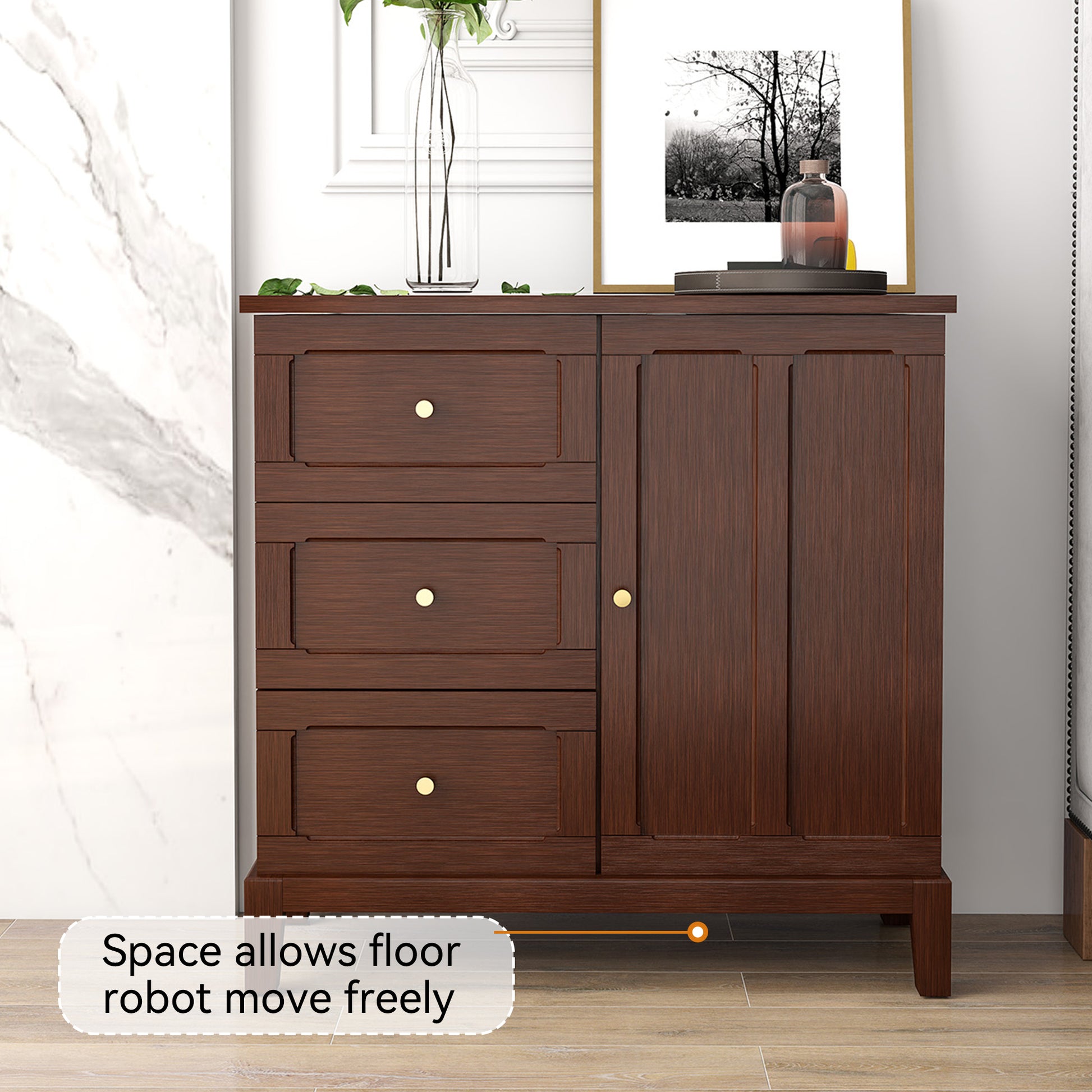 CBJCBJ 31.7"Storage Cabinet, Classical 3 Drawers & 1 Door Design with Gold-Tone Handles, Multi-Use Organizer for Living Room, Kitchen, Bathroom（Brown)