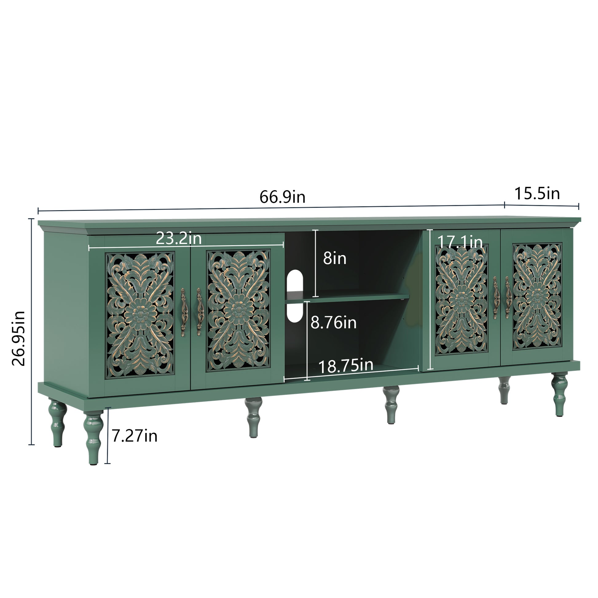 HLR Retro 67" TV Stand, for TVs up to 75", Living Room Entertainment Center with Carved Storage Cabinet, Green