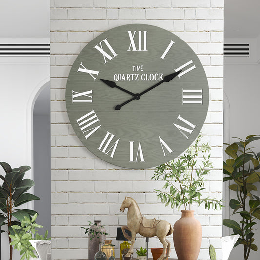 HLR 35.5” Farmhouse Large Shiplap Round Wall Clock with Roman Numeral for Living Room Decor, Green