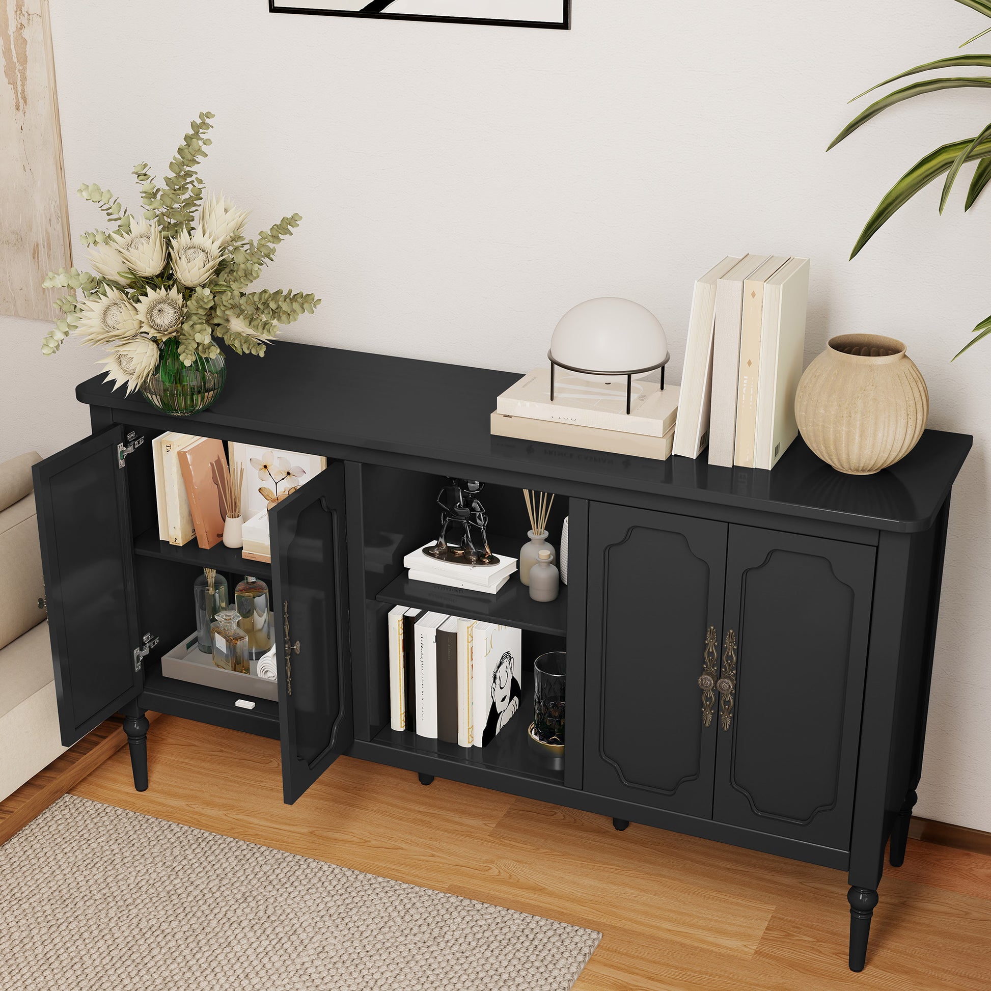 HLR 59" Mid Century Modern Storage Cabinet with Shelf, Vintage Large Sideboard Buffet Cabinet with 4 Doors, Black