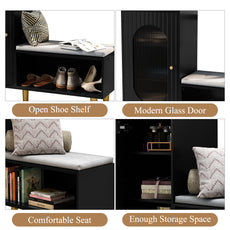 CBJCBJ Modern Storage Bench with Glass Door & Shelf - L-Shaped Entryway Cabinet, Padded Seat for Hallway/Bedroom/Office, Black