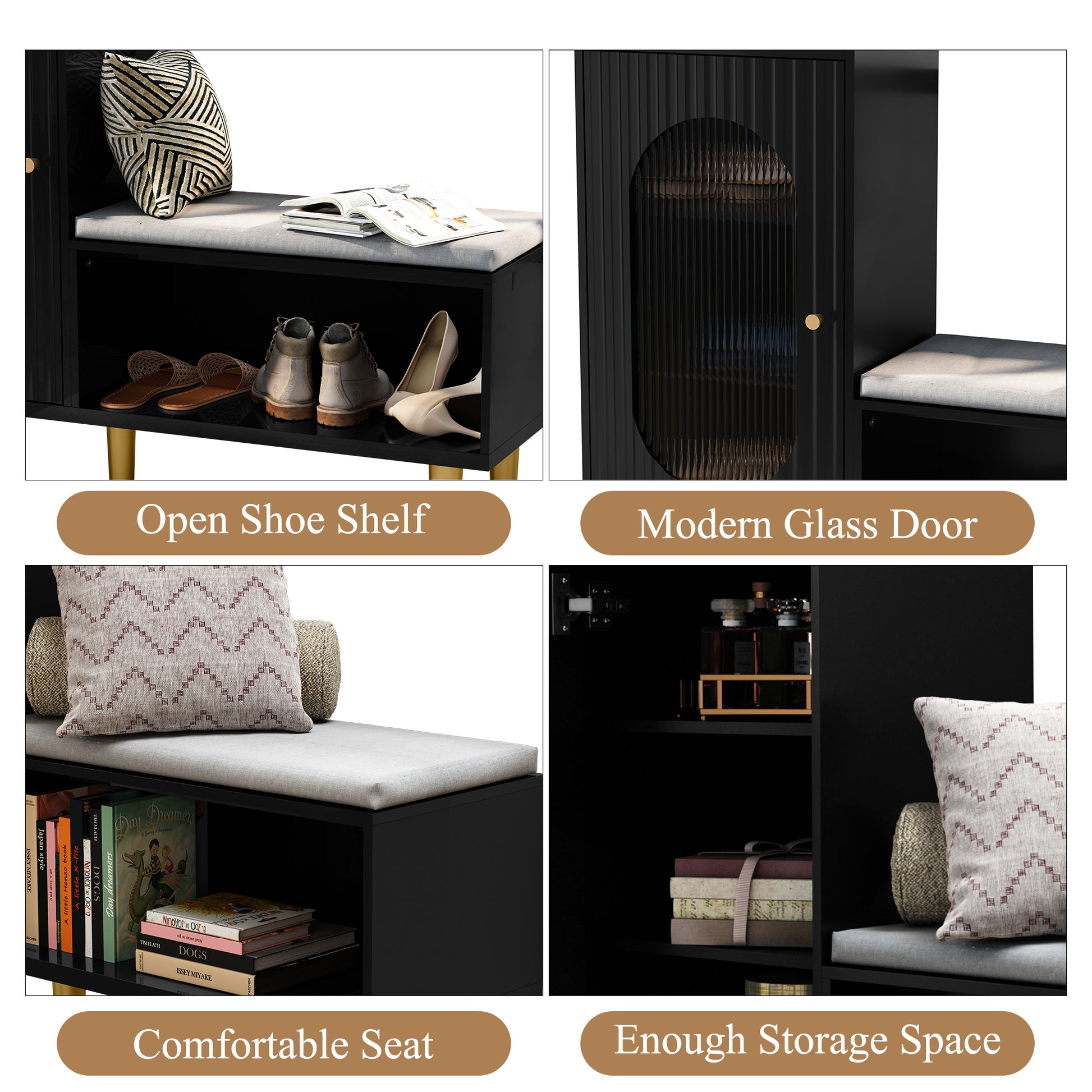 CBJCBJ Modern Storage Bench with Glass Door & Shelf - L-Shaped Entryway Cabinet, Padded Seat for Hallway/Bedroom/Office, Black