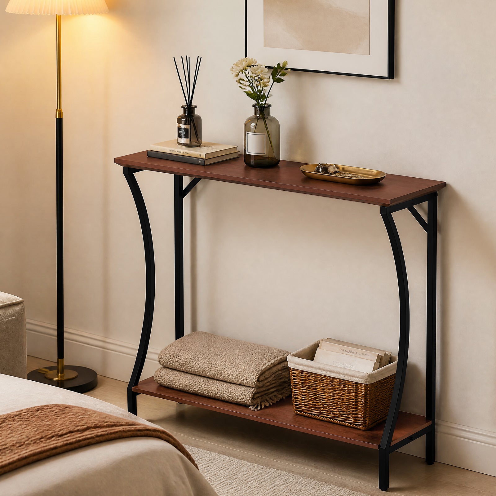 CBJCBJ Narrow Console Table with Charging Station, 2-Tier Simple Entryway Table for Living Room Hallway,Brown