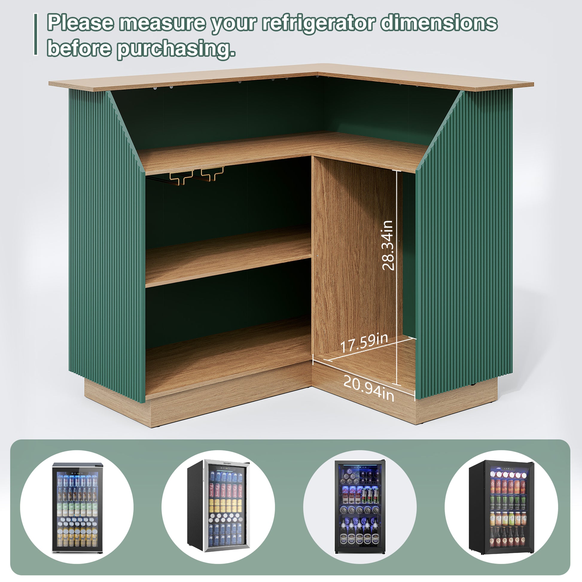 CBJCBJ L-Shaped Home Bar Cabinet,4-Tier Corner Bar counter with Fridge Space,Unit Wine Cabinet with Storage,Green