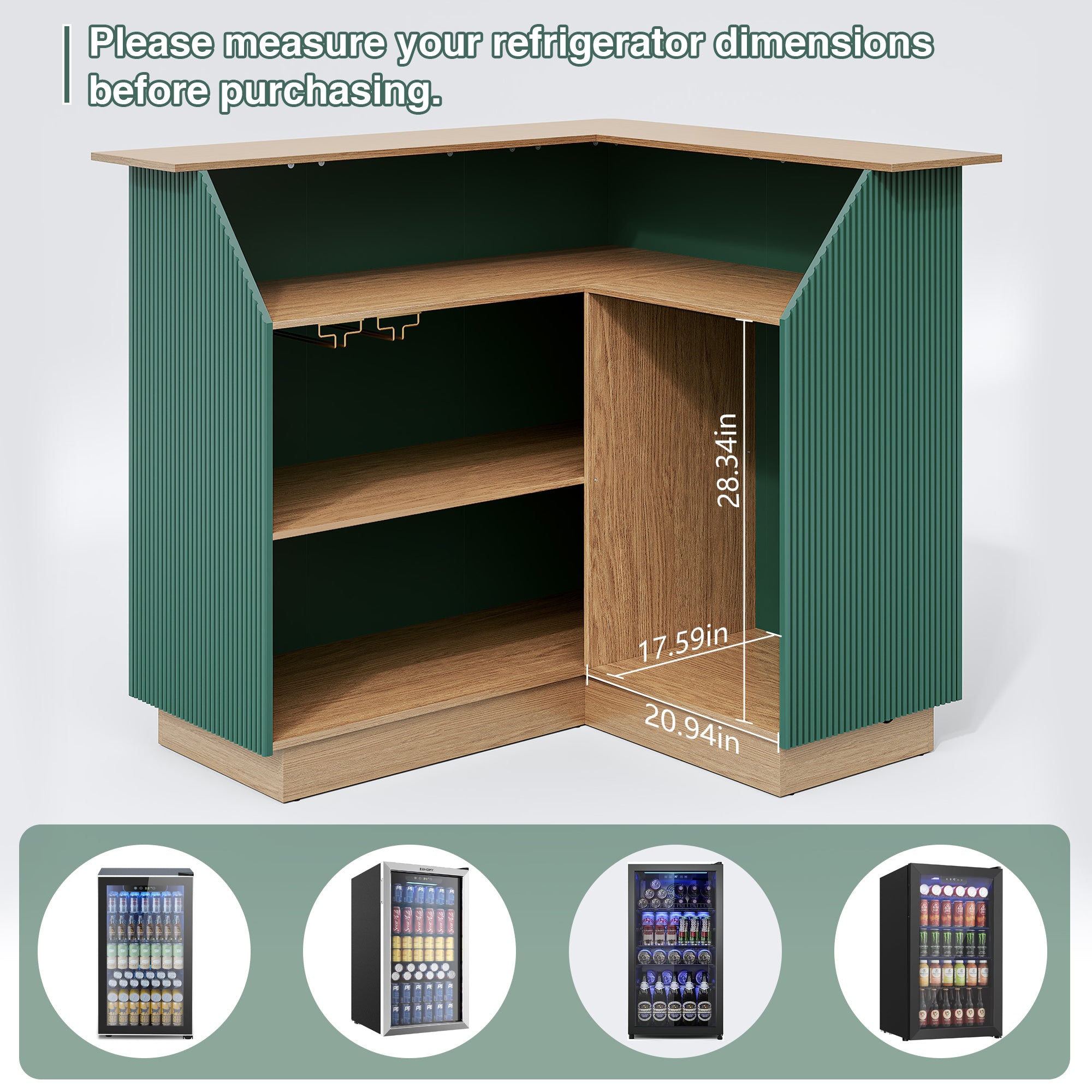 CBJCBJ L-Shaped Home Bar Cabinet,4-Tier Corner Bar counter with Fridge Space,Unit Wine Cabinet with Storage,Green