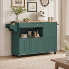 CBJCBJ Folding Rubber wood Kitchen Island, Kitchen Cart with Hidden Trash Can, Knife Rack & Spice Rack,Green