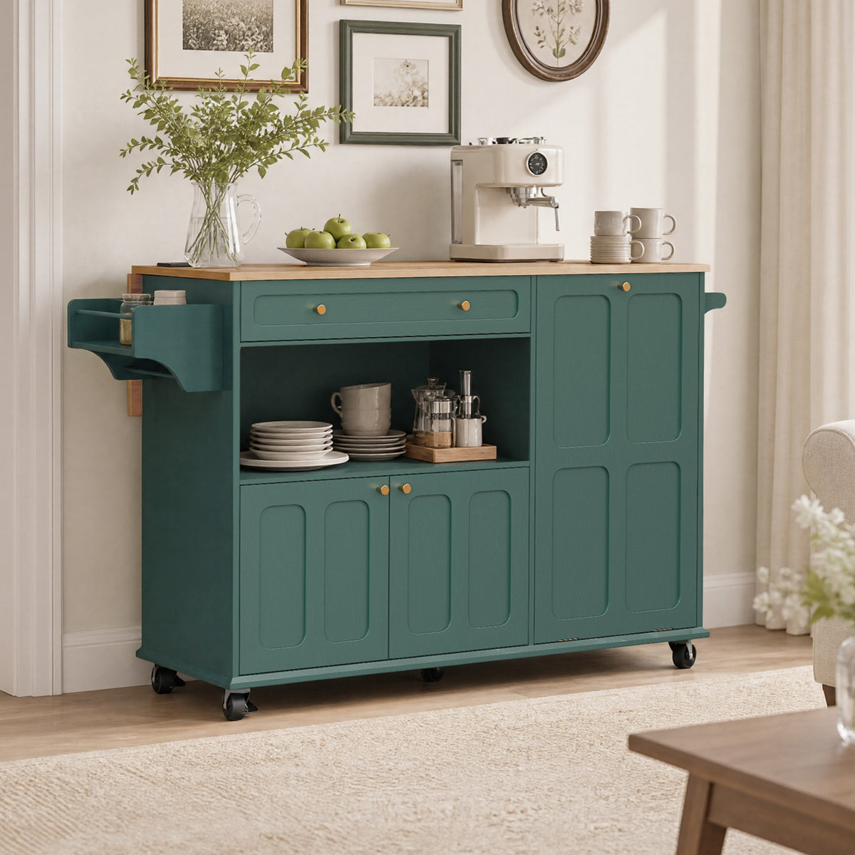 CBJCBJ Folding Rubber wood Kitchen Island, Kitchen Cart with Hidden Trash Can, Knife Rack & Spice Rack,Green