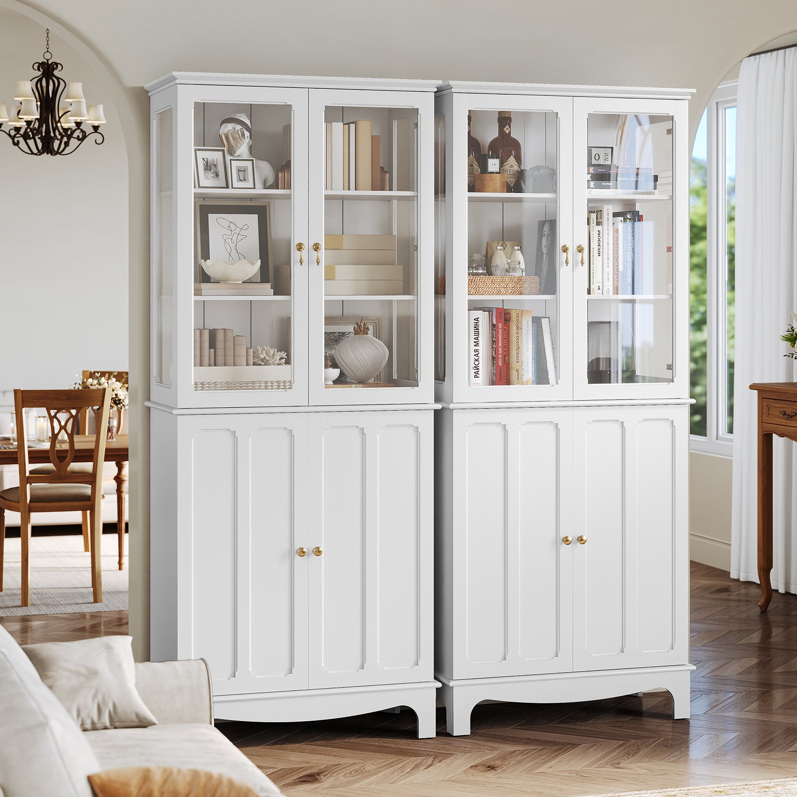 CBJCBJ Modern Bookcase with Storage, Display Cabinet with Glass Doors, Storage Cabinet with Adjustable Shelves,White