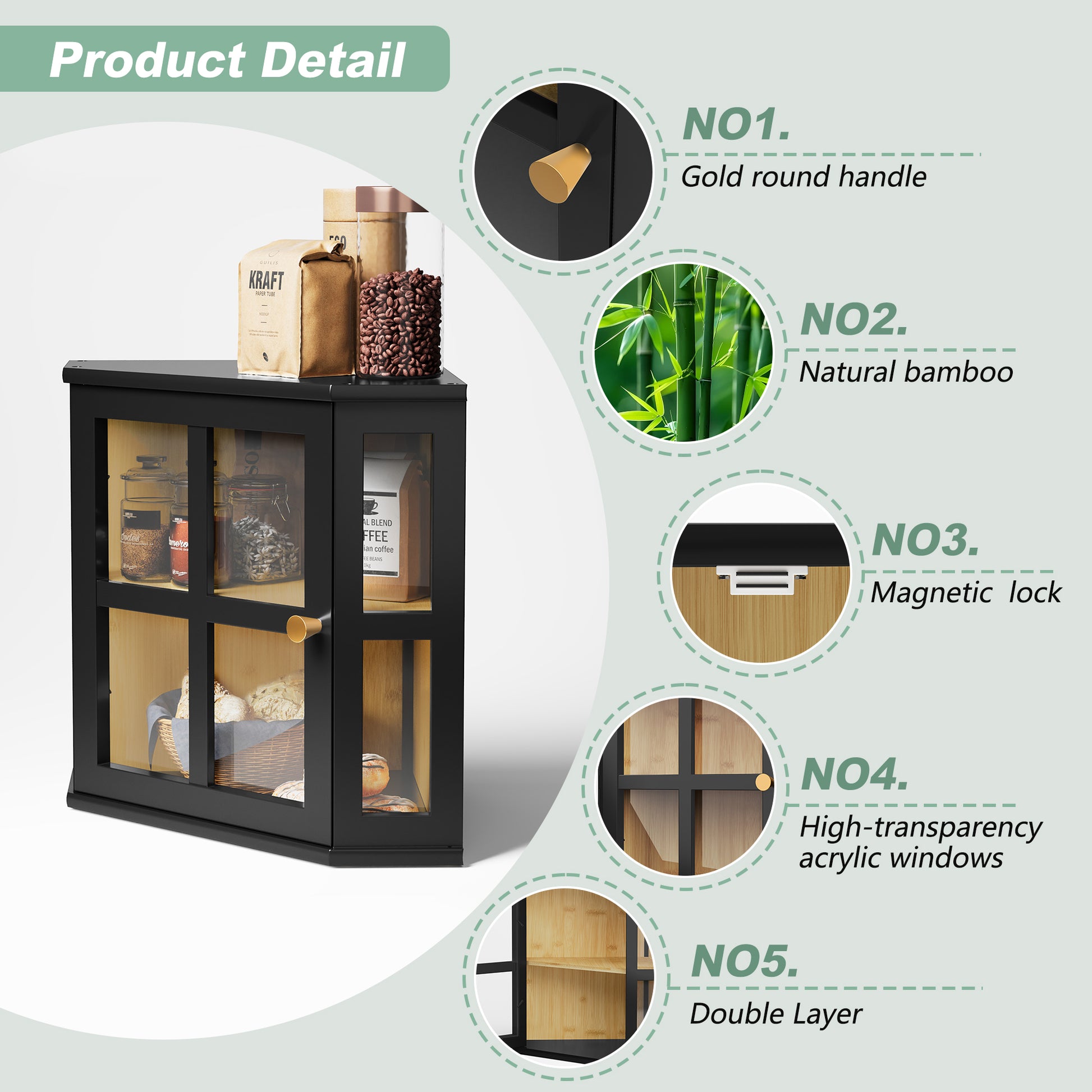 HLR Double Layer Bamboo Bread Box for Kitchen Counter, Large Capacity Bread Storage Bin with Acrylic Door, Black