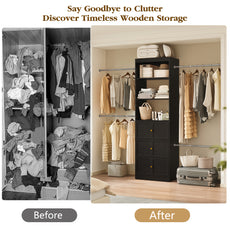 CBJCBJ Wood Closet Organizer System with 3 Drawers, 4 Hanging Rods, Wardrobe Clothes Rack for Bedroom,Black