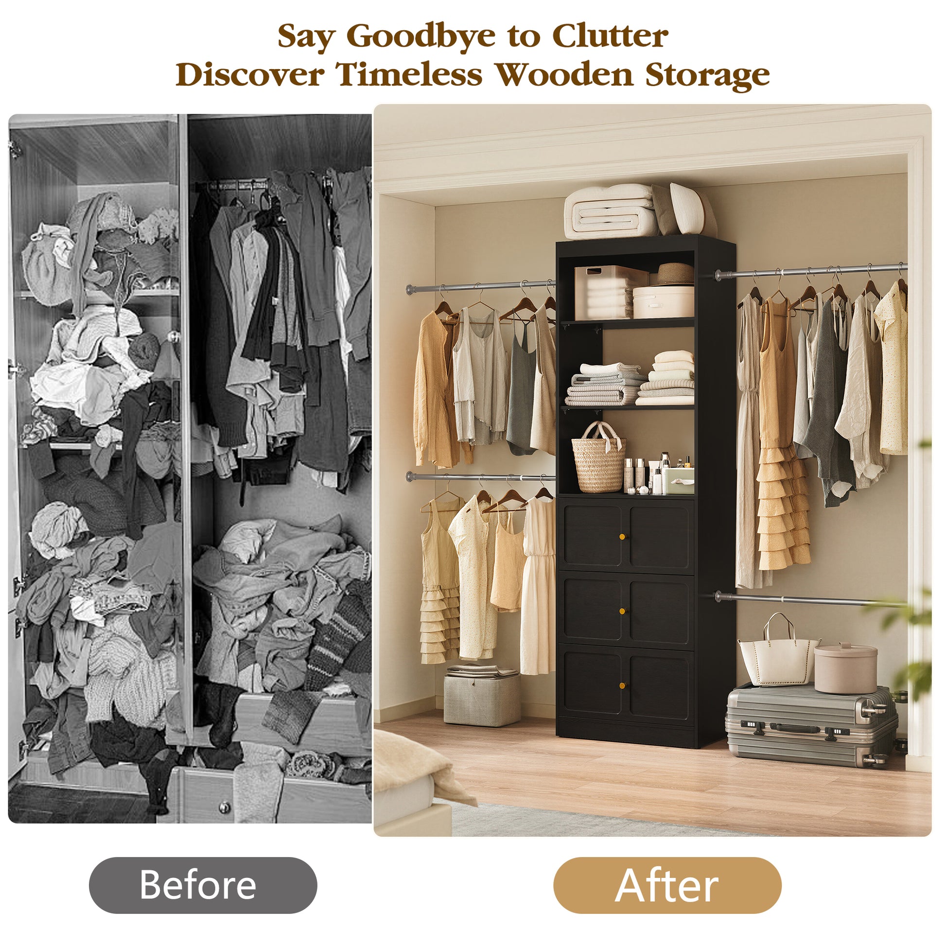 CBJCBJ Wood Closet Organizer System with 3 Drawers, 4 Hanging Rods, Wardrobe Clothes Rack for Bedroom,Black