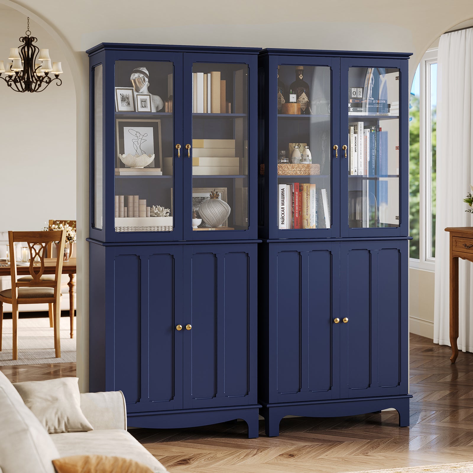 CBJCBJ Modern Bookcase with Storage, Display Cabinet with Glass Doors, Storage Cabinet with Adjustable Shelves,Blue