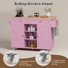 HLR 51.7" W Rolling Kitchen Islands Cart, Adjustable Shelves, Breakfast Bar, Storage Cabinets,Pink