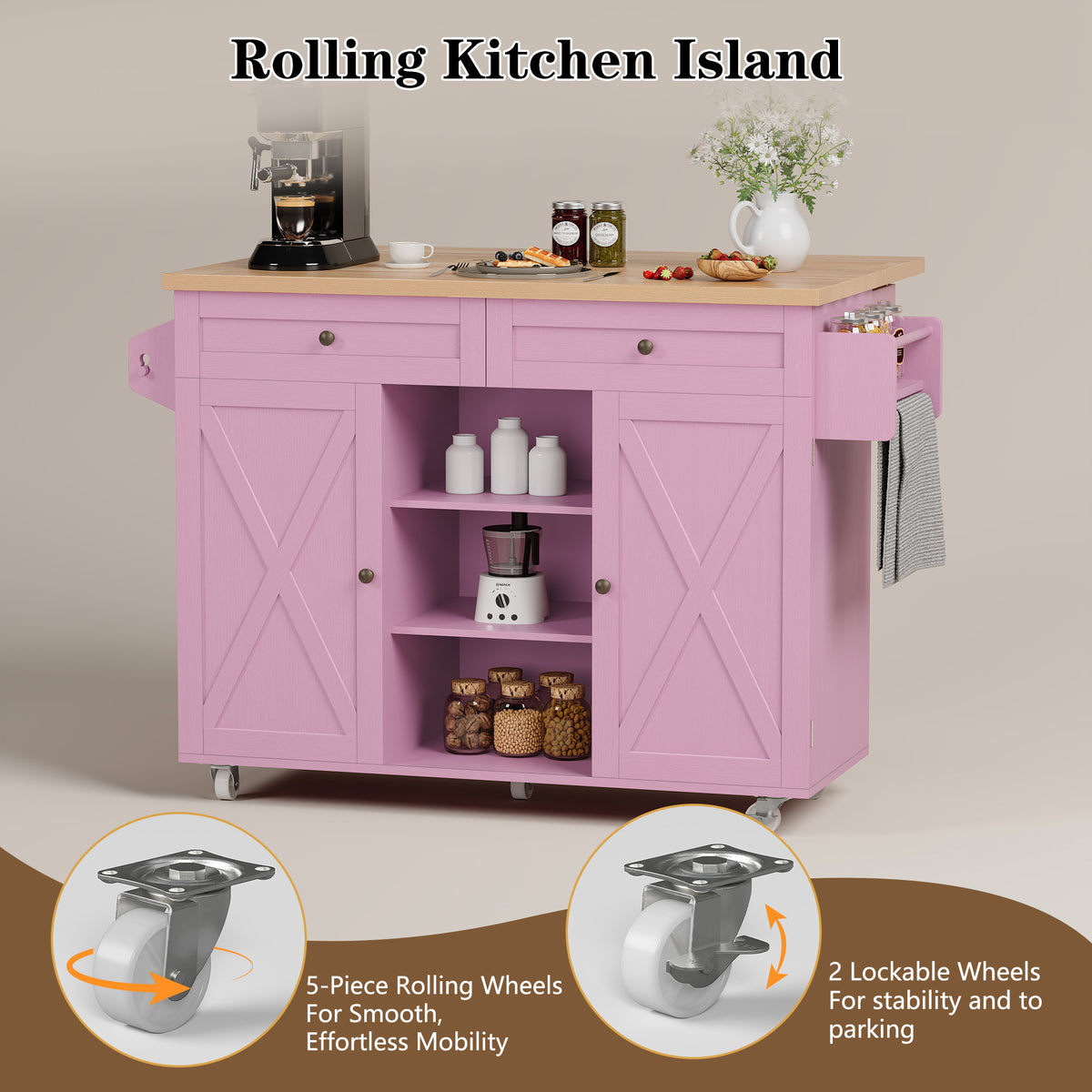 HLR 51.7" W Rolling Kitchen Islands Cart, Adjustable Shelves, Breakfast Bar, Storage Cabinets,Pink