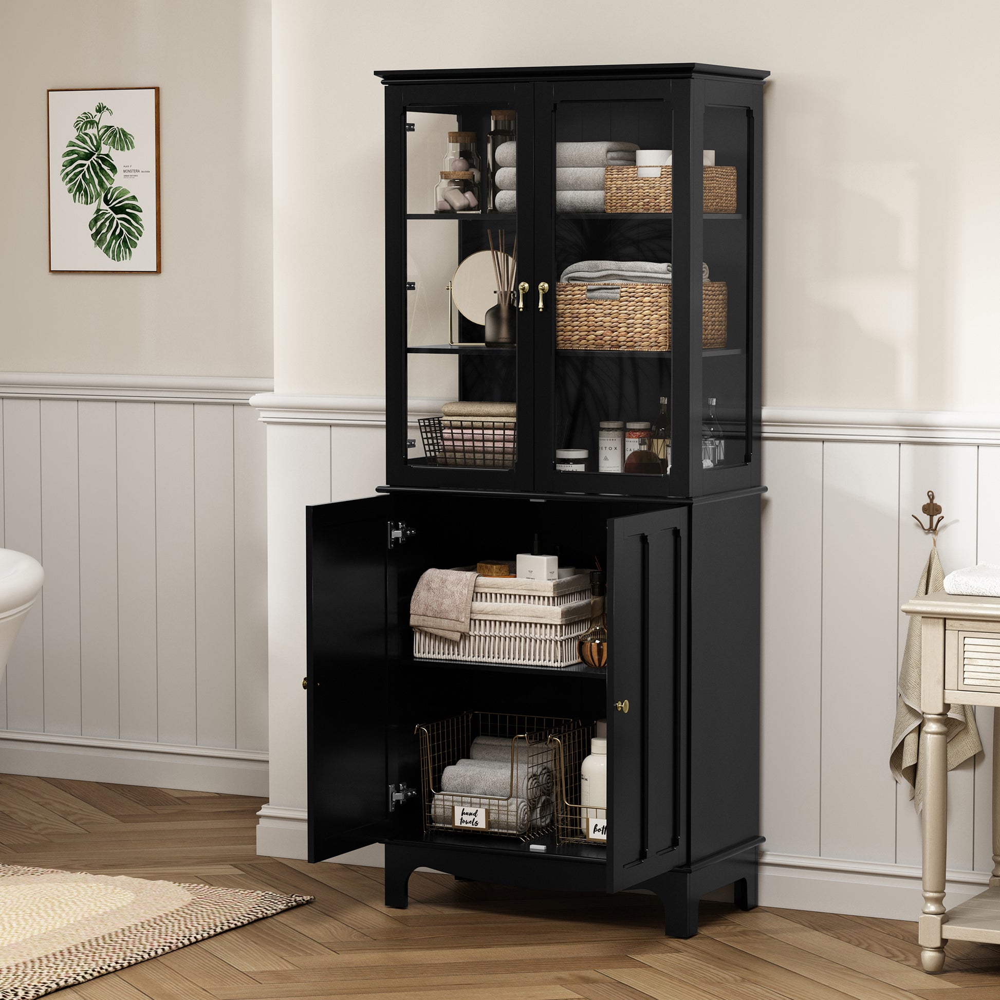 HLR 72" Modern Black Cupboard with Adjustable Shelves, Elegant Storage Cabinet
