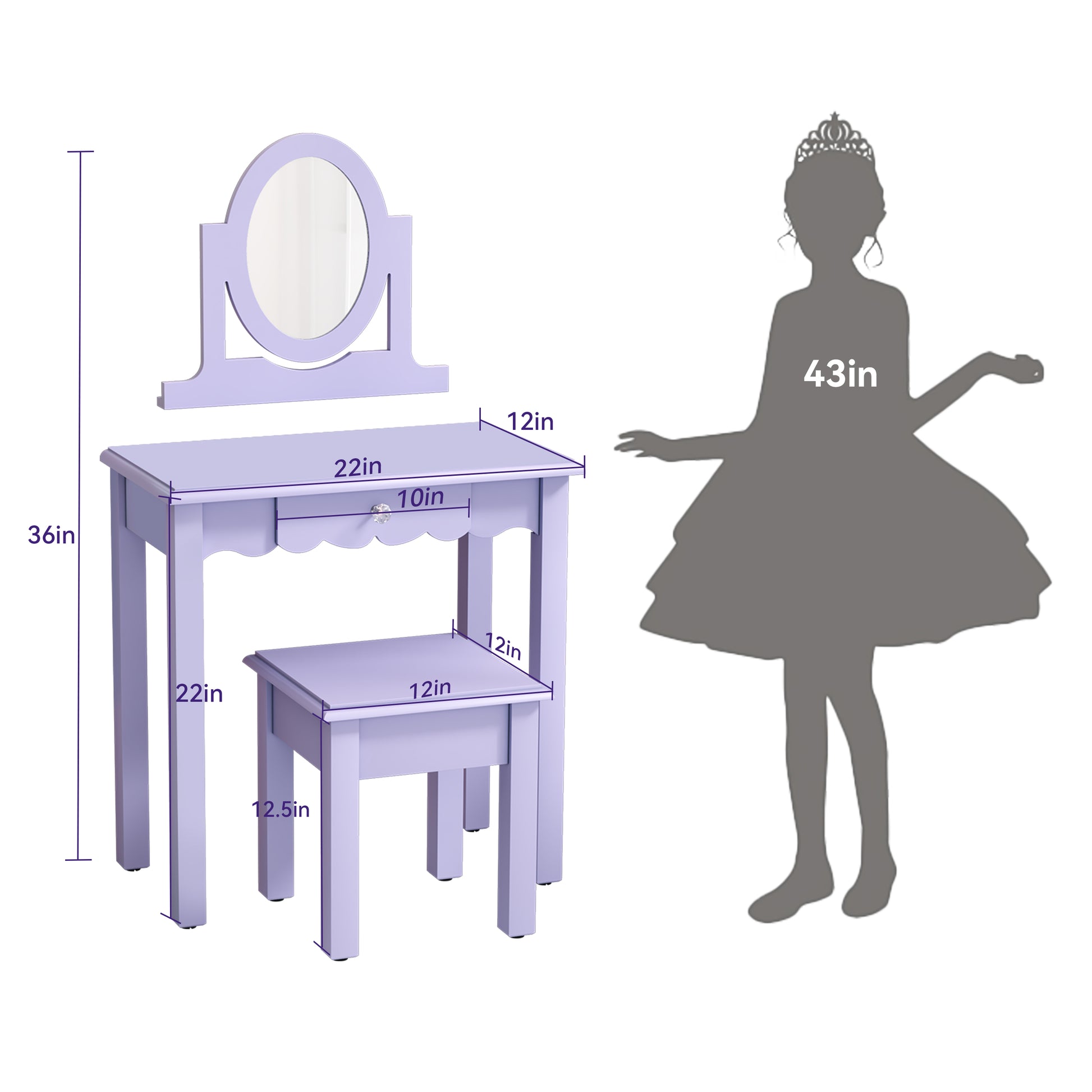 CBJCBJ Kids Vanity Set with Mirror and Stool（Detachable Top）, Wooden 2 in 1 Princess Makeup Desk Dressing Table