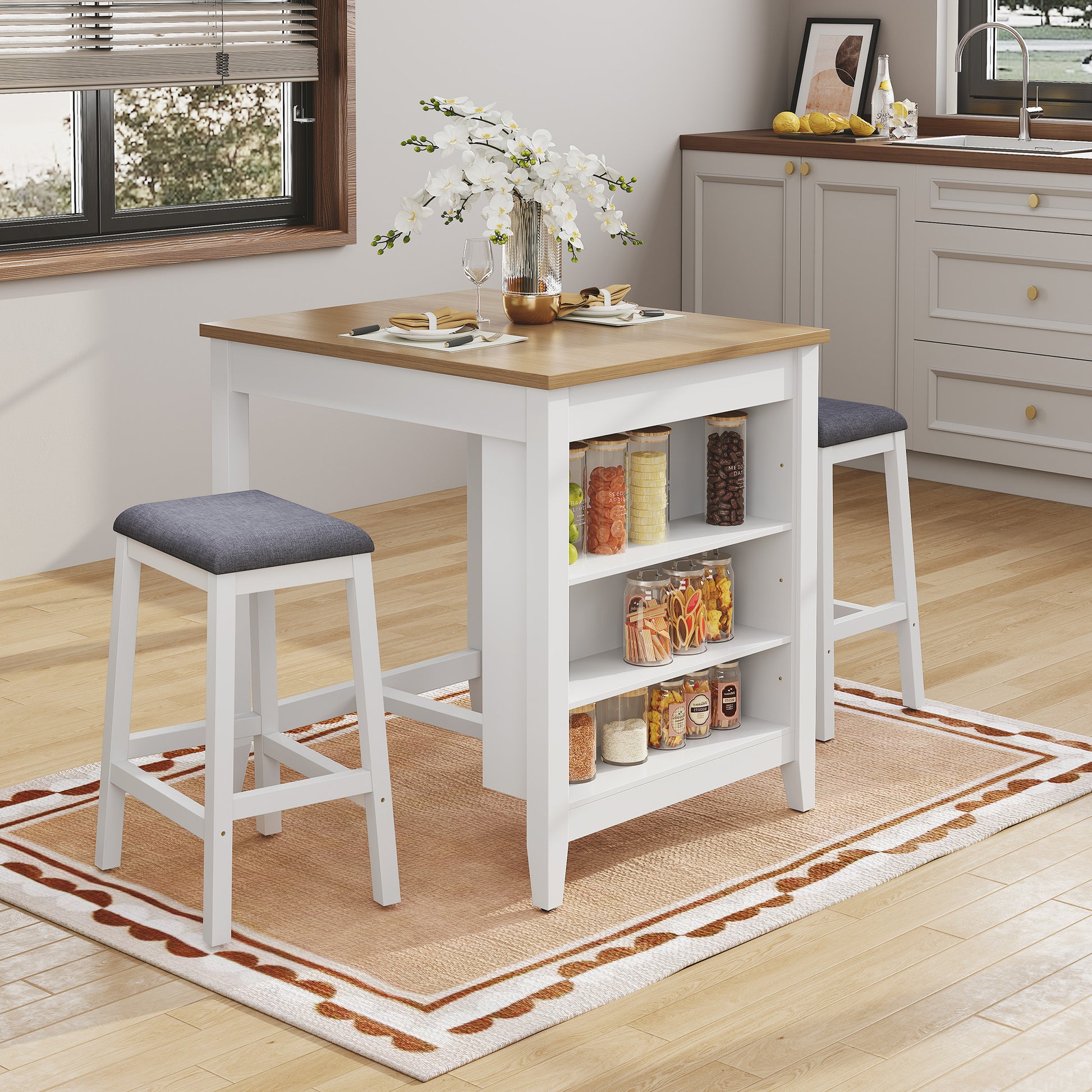 HLR Farmhouse Dining Table Set for 2, Small Kitchen Table Chairs Set of 2 with Tufted for Apartment, White