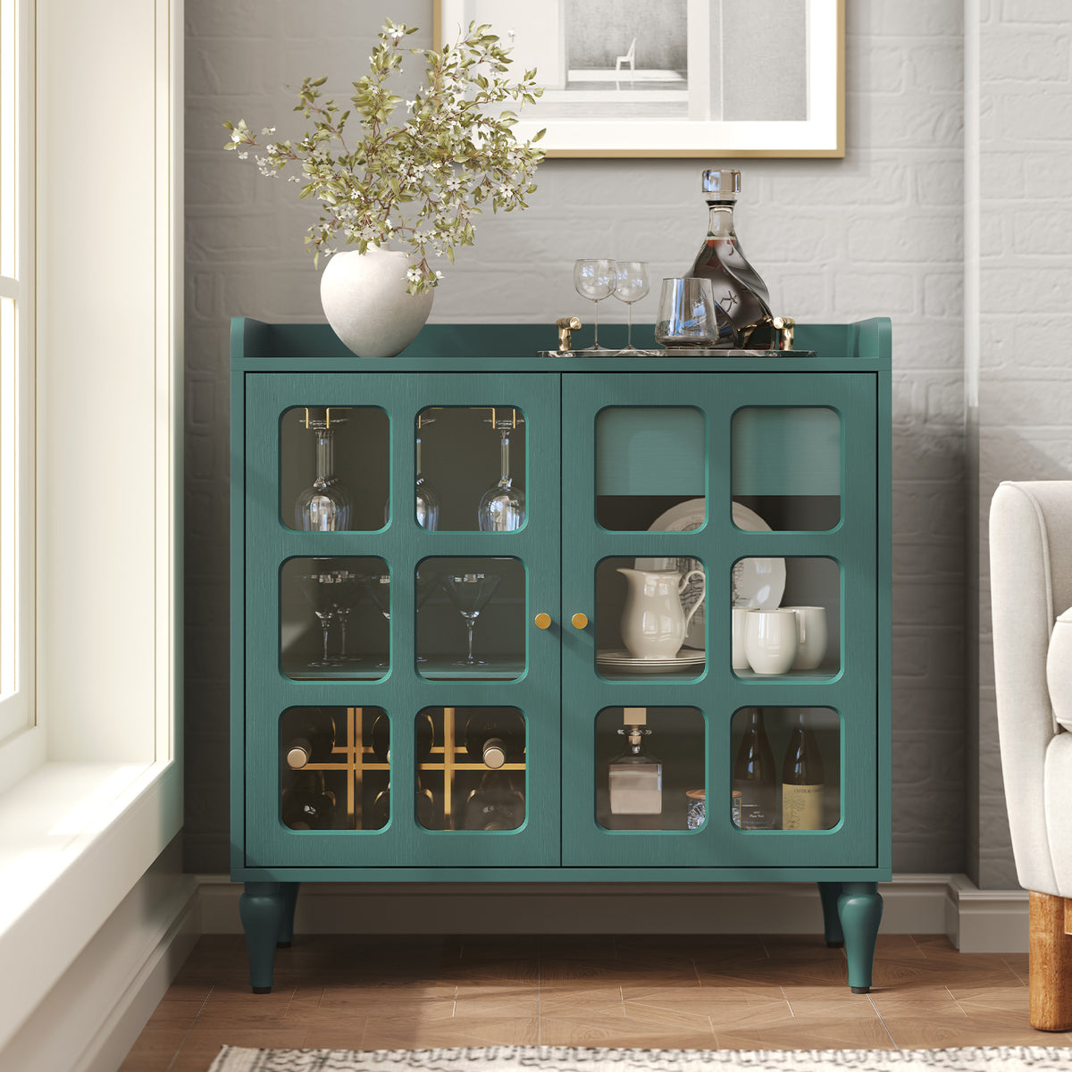 HLR Large Sideboard Buffet Cabinet with Storage, 32" Mid-Century Green Coffee Wine Bar with 2 Glass Doors, Outlets