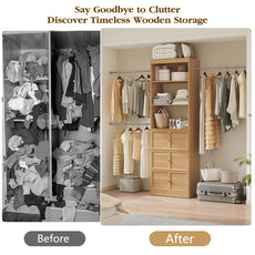 CBJCBJ Wood Closet Organizer System with 3 Drawers, 4 Hanging Rods, Wardrobe Clothes Rack for Bedroom,Wood