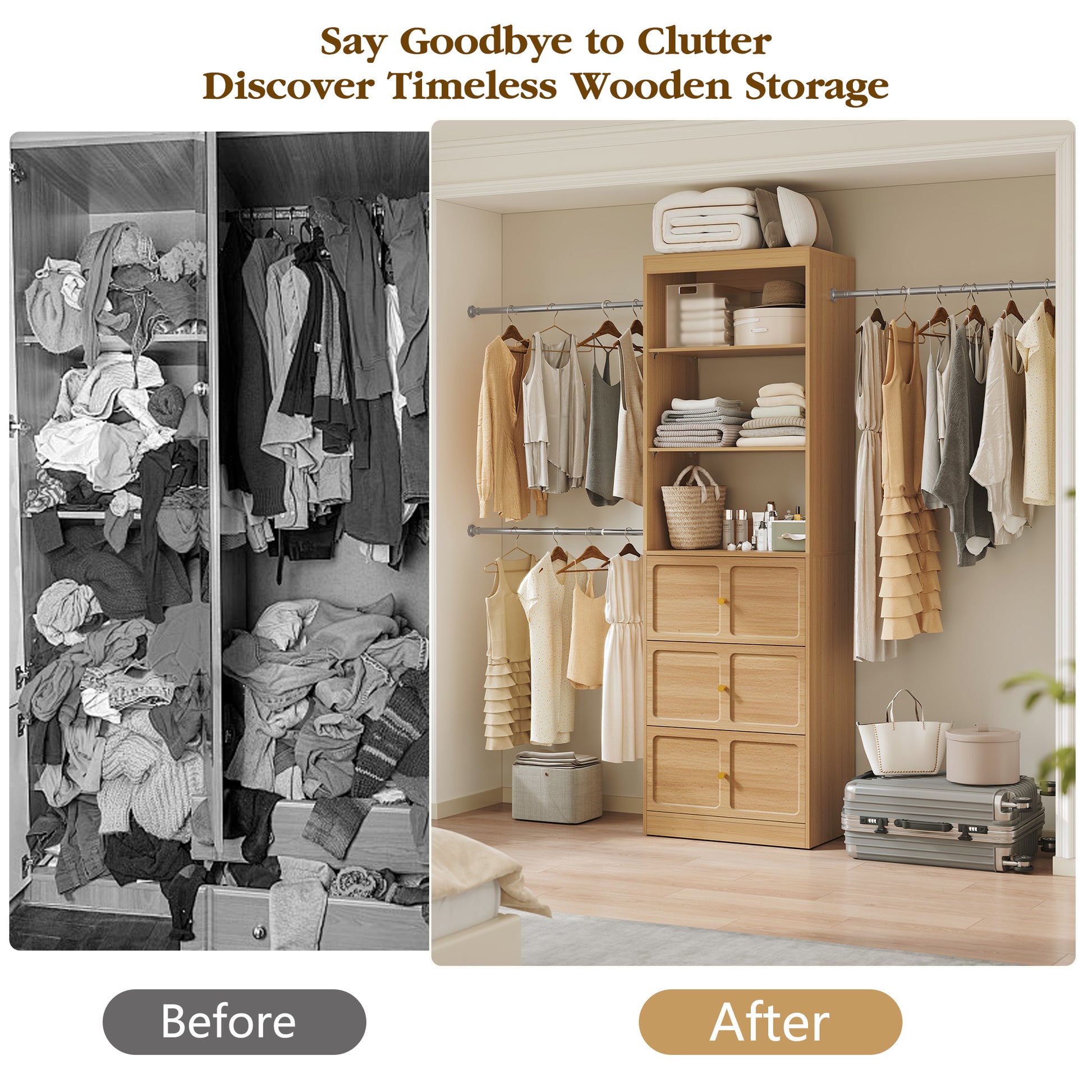 CBJCBJ Wood Closet Organizer System with 3 Drawers, 4 Hanging Rods, Wardrobe Clothes Rack for Bedroom,Wood