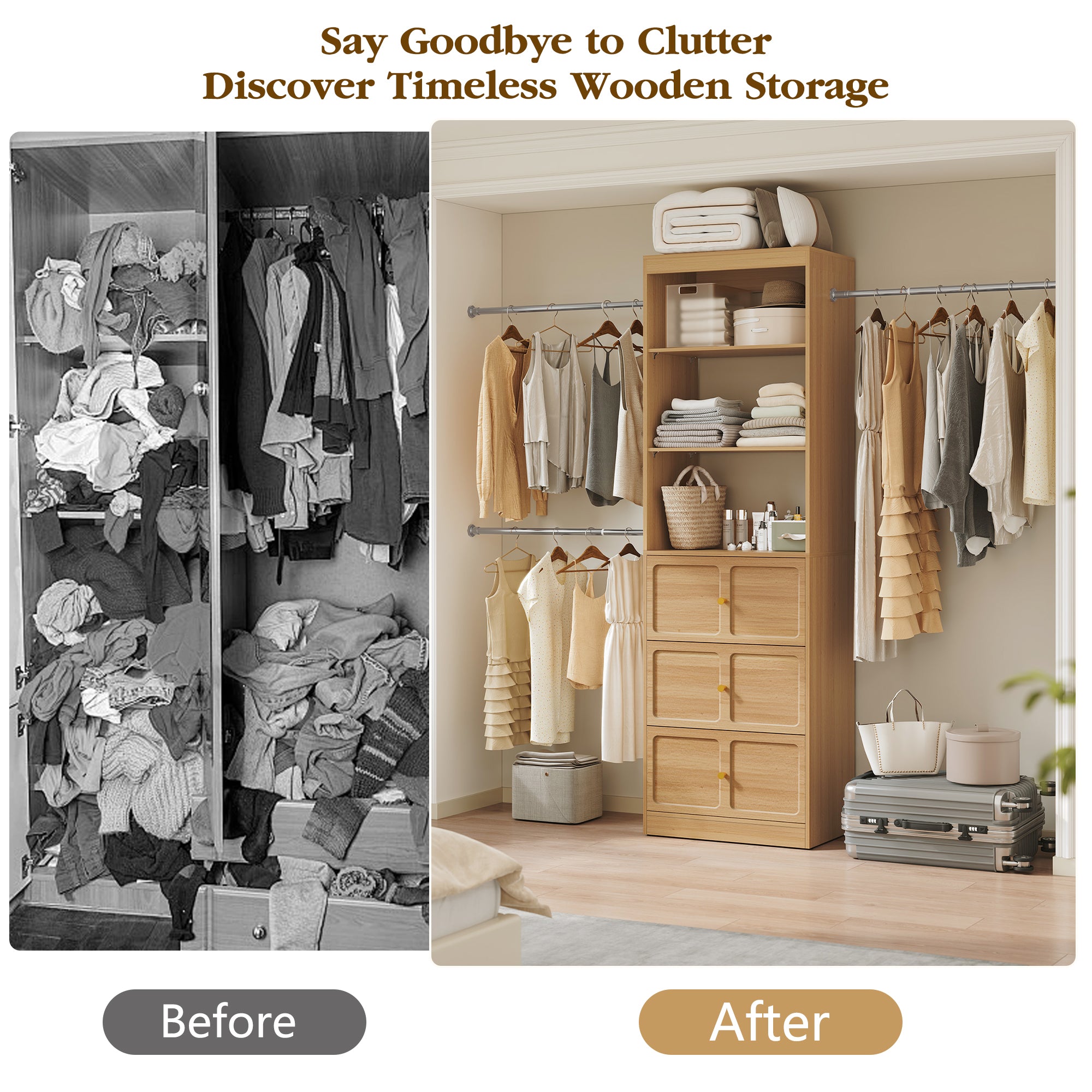 CBJCBJ Wood Closet Organizer System with 3 Drawers, 4 Hanging Rods, Wardrobe Clothes Rack for Bedroom,Wood