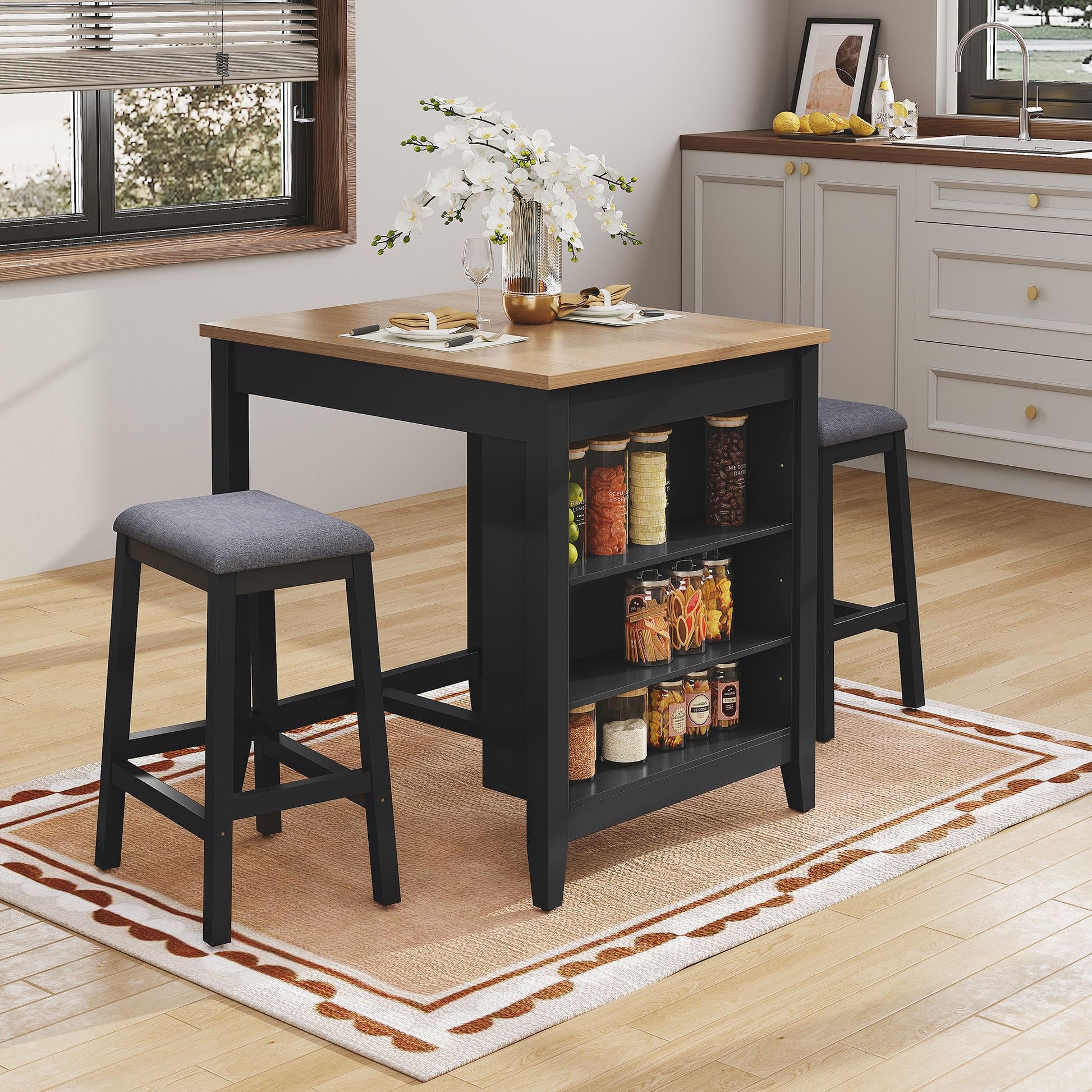 HLR Farmhouse Dining Table Set for 2, Small Kitchen Table Chairs Set of 2 with Tufted for Apartment, Black