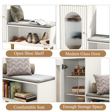 CBJCBJ Modern Storage Bench with Glass Door & Shelf - L-Shaped Entryway Cabinet, Padded Seat for Hallway/Bedroom/Office, White