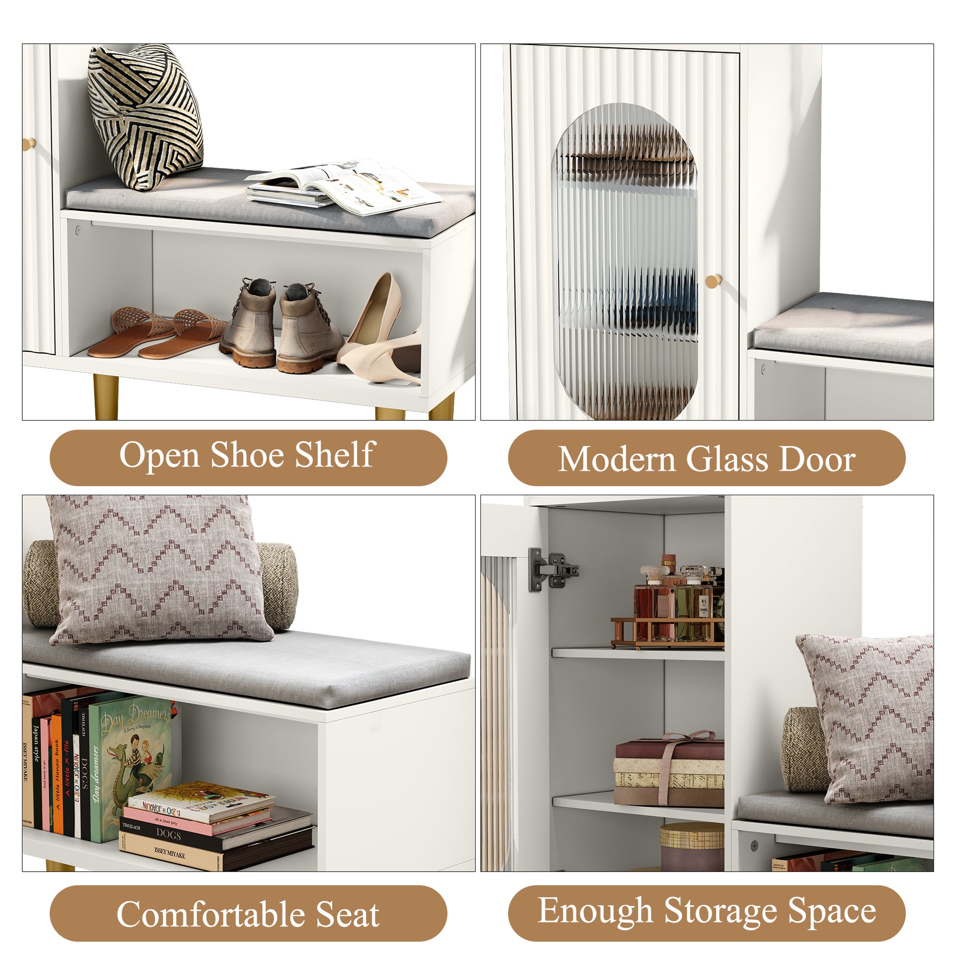 CBJCBJ Modern Storage Bench with Glass Door & Shelf - L-Shaped Entryway Cabinet, Padded Seat for Hallway/Bedroom/Office, White