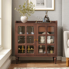 HLR Large Sideboard Buffet Cabinet with Storage, 32" Mid-Century Brown Coffee Wine Bar with 2 Glass Doors, Outlets