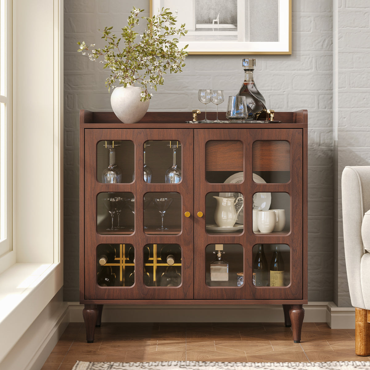 HLR Large Sideboard Buffet Cabinet with Storage, 32" Mid-Century Brown Coffee Wine Bar with 2 Glass Doors, Outlets
