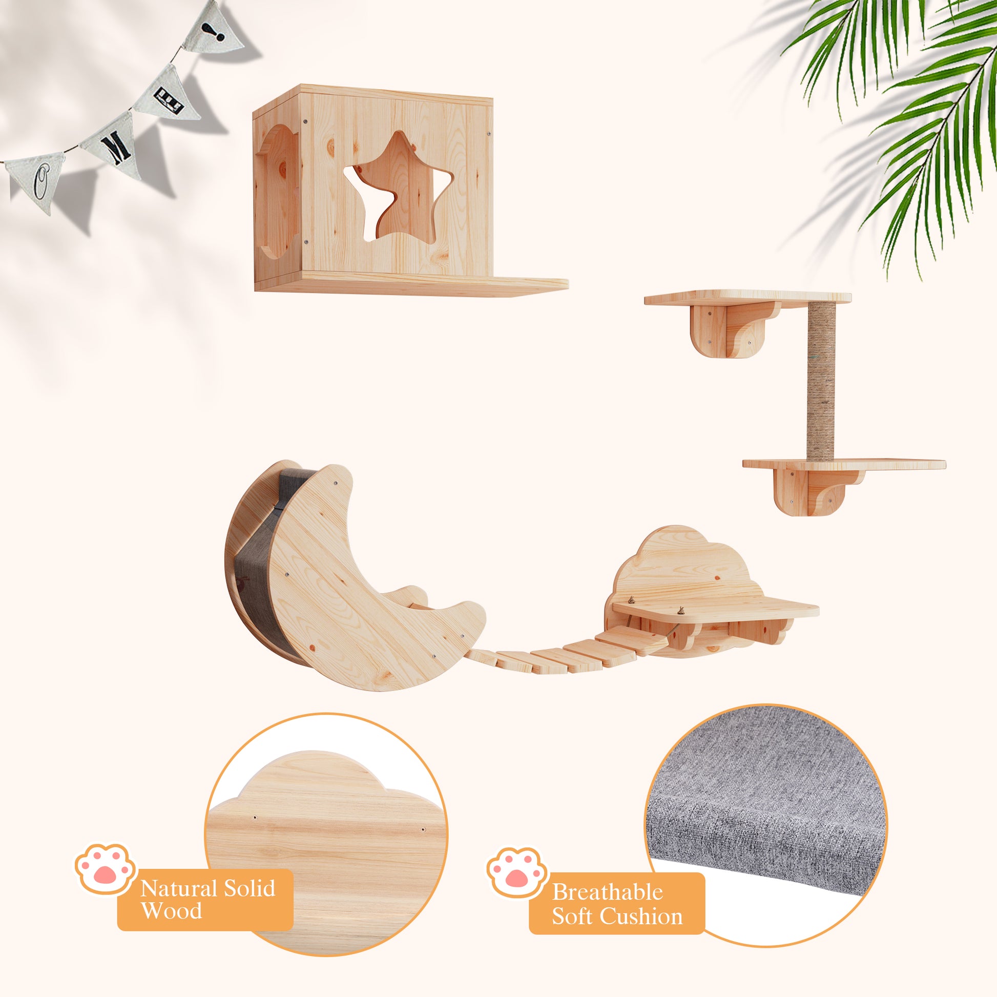 CBJCBJ Solid Wood Cat Wall Mounts Shelves Perches Set, Sleeping Playing Lounging Climbing Wall-mounted Cat Tree House for Multiple Cats, 5-Piece